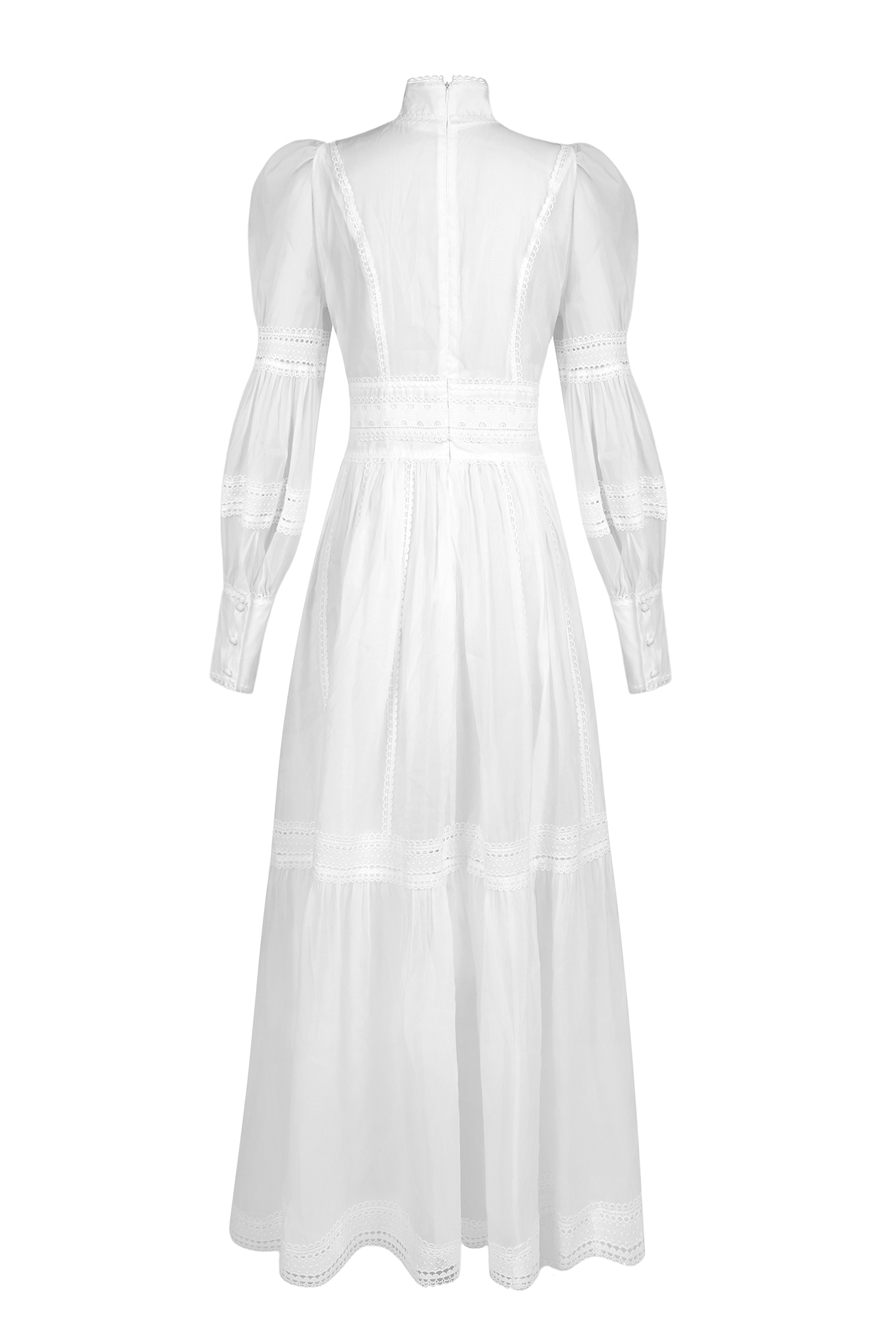 Stand Collar Puff Sleeve Lace Midi Dress