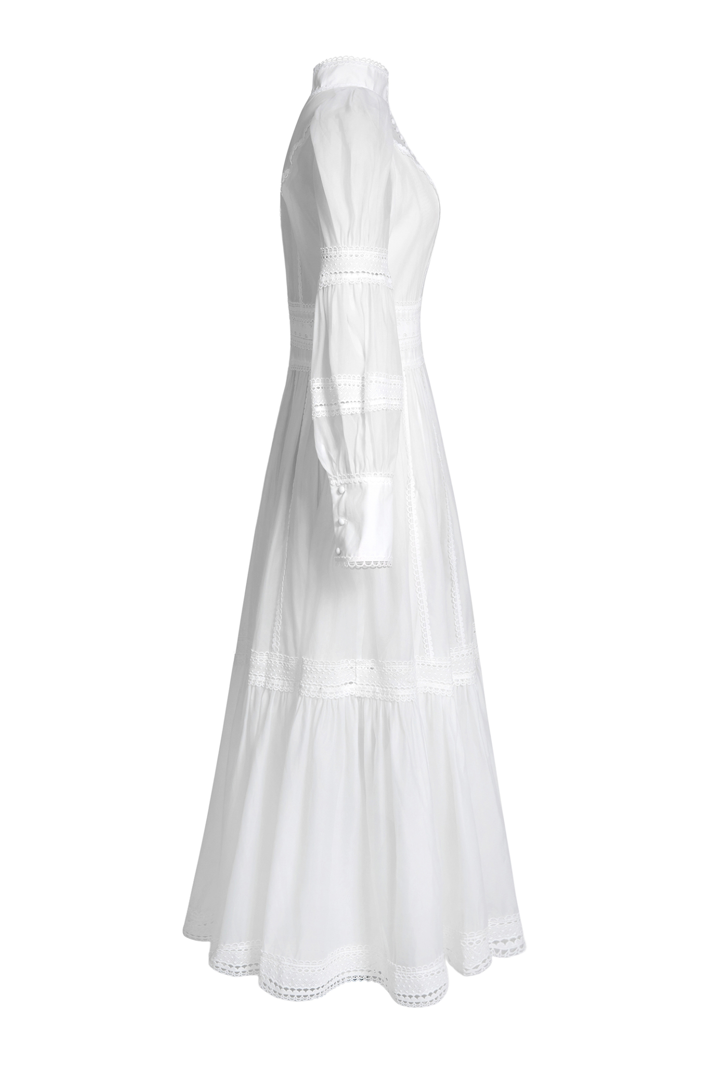 Stand Collar Puff Sleeve Lace Midi Dress