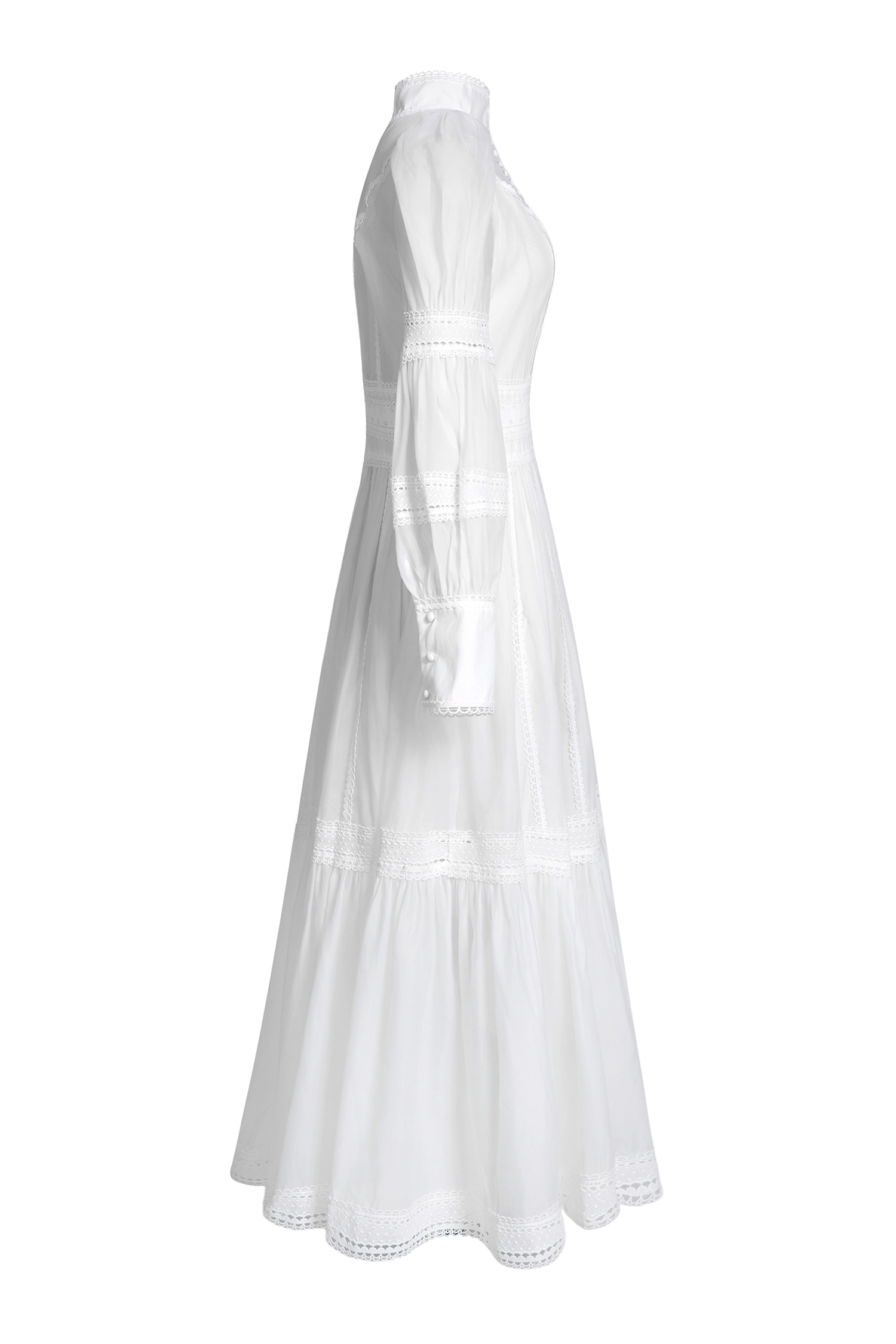 Stand Collar Puff Sleeve Lace Midi Dress