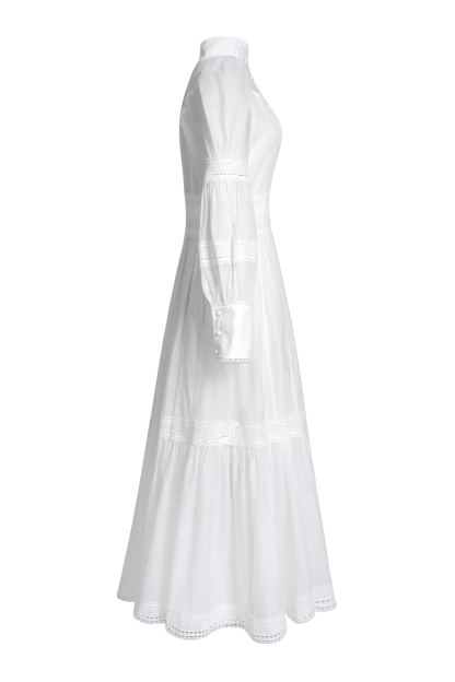 Stand Collar Puff Sleeve Lace Midi Dress