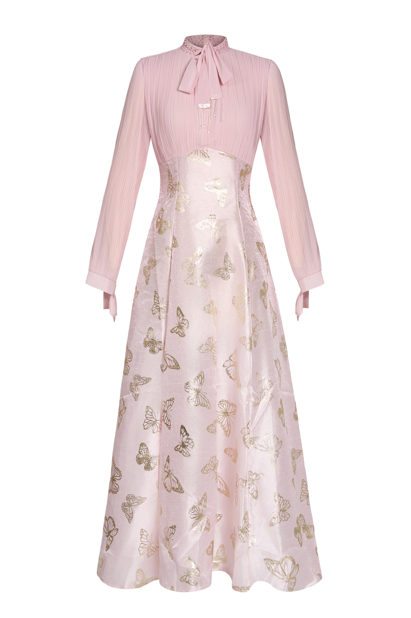 Chiffon Pleated Butterfly Gold Foil Stamping Maxi Dress