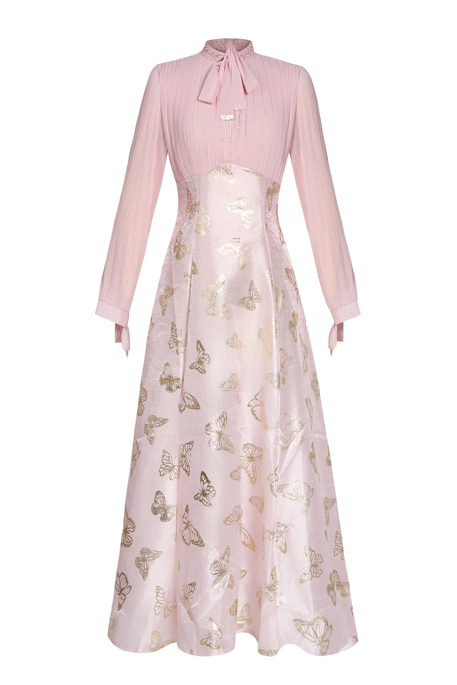 Chiffon Pleated Butterfly Gold Foil Stamping Maxi Dress