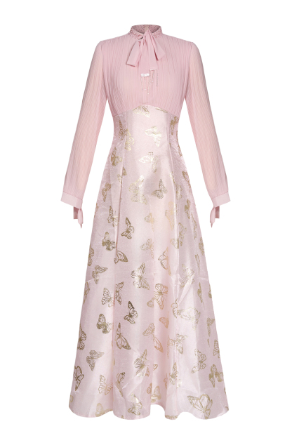 Chiffon Pleated Butterfly Gold Foil Stamping Maxi Dress