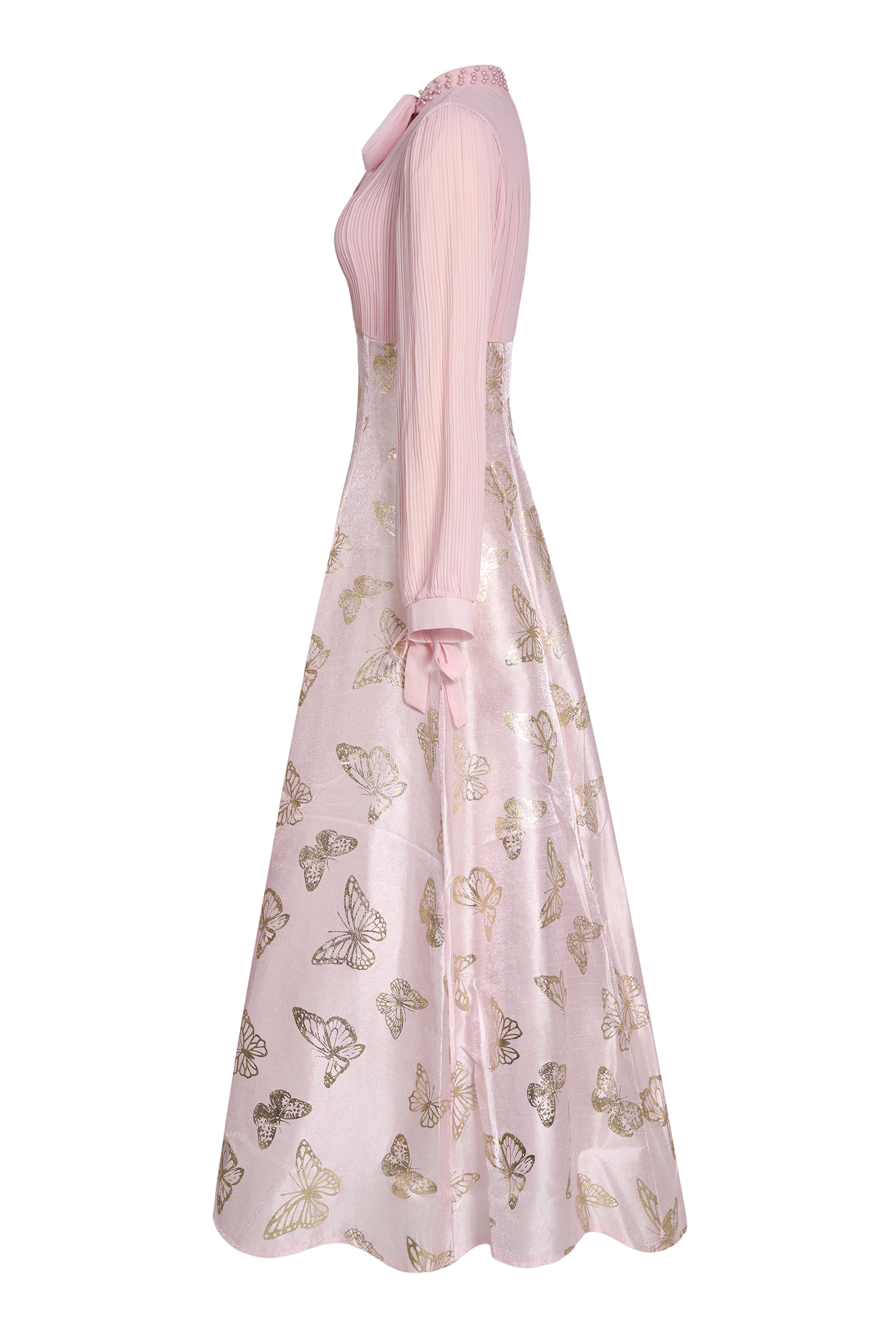Chiffon Pleated Butterfly Gold Foil Stamping Maxi Dress