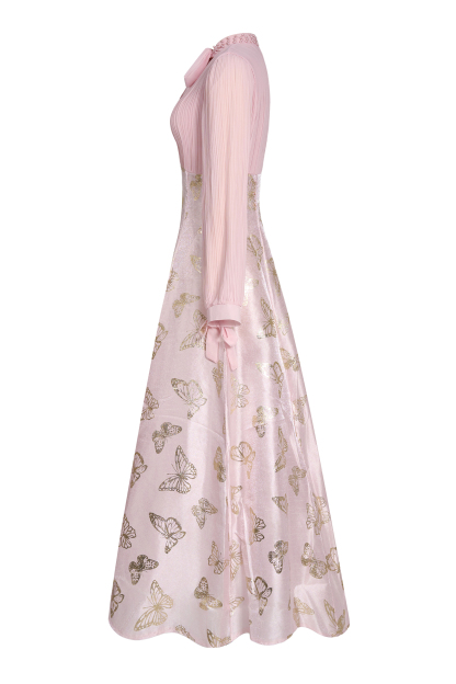 Chiffon Pleated Butterfly Gold Foil Stamping Maxi Dress