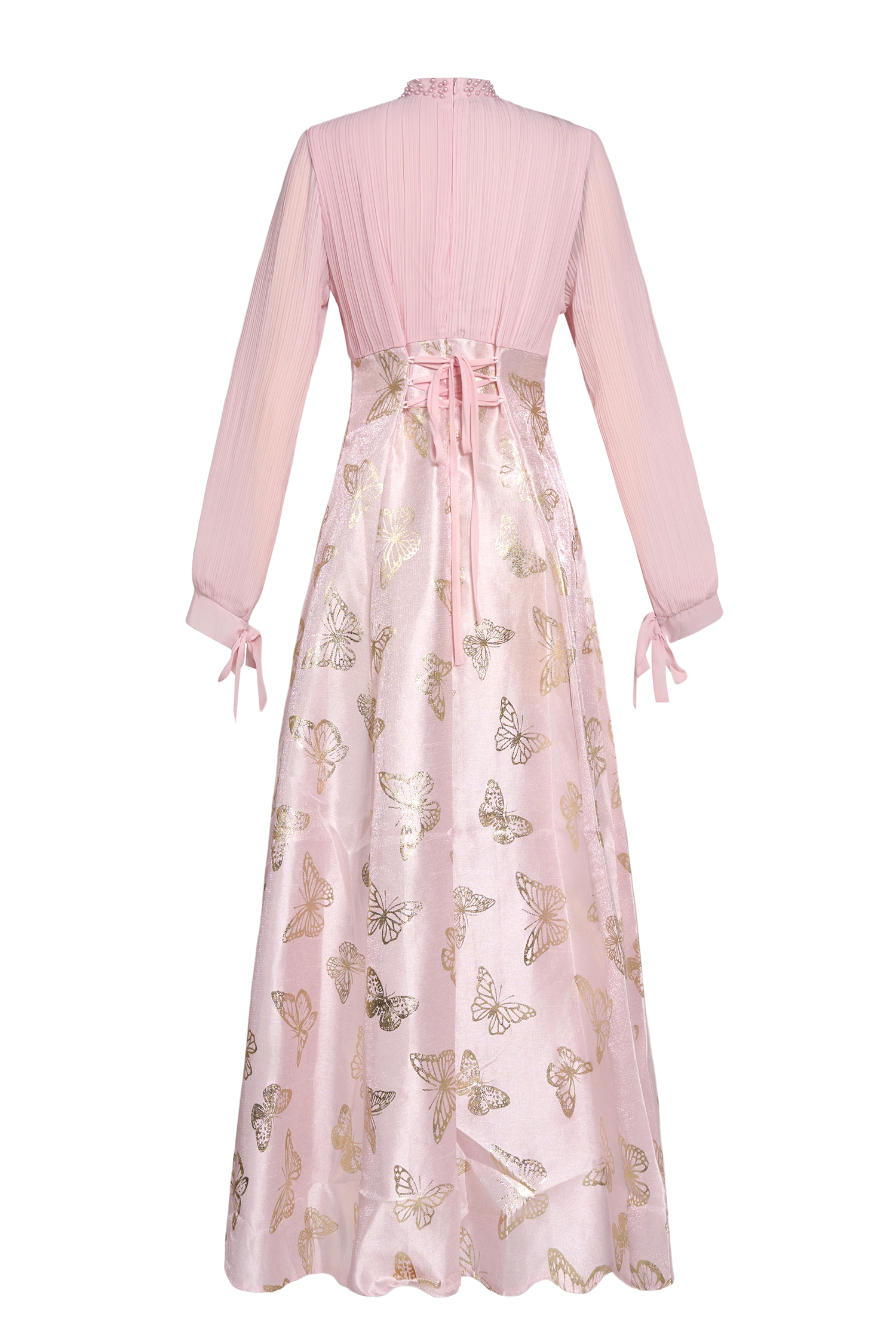 Chiffon Pleated Butterfly Gold Foil Stamping Maxi Dress