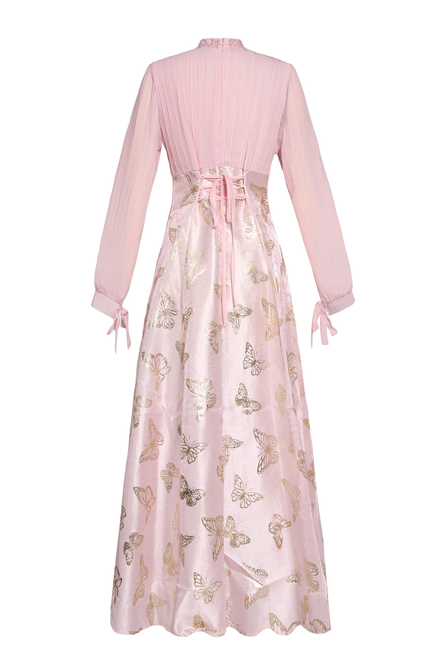 Chiffon Pleated Butterfly Gold Foil Stamping Maxi Dress