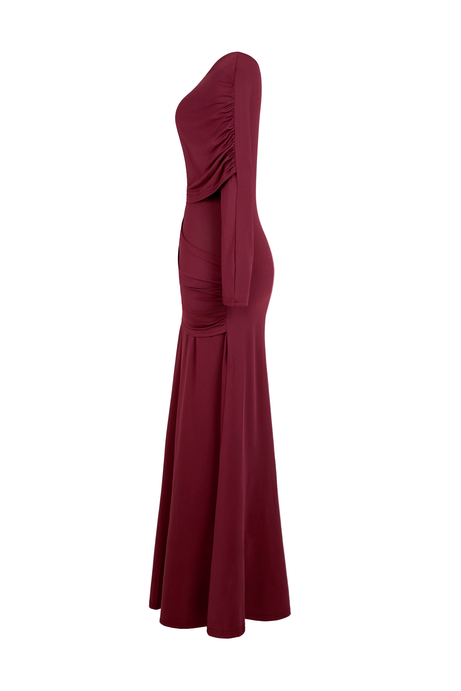 Solid Gathering Long Sleeve Maxi Dress