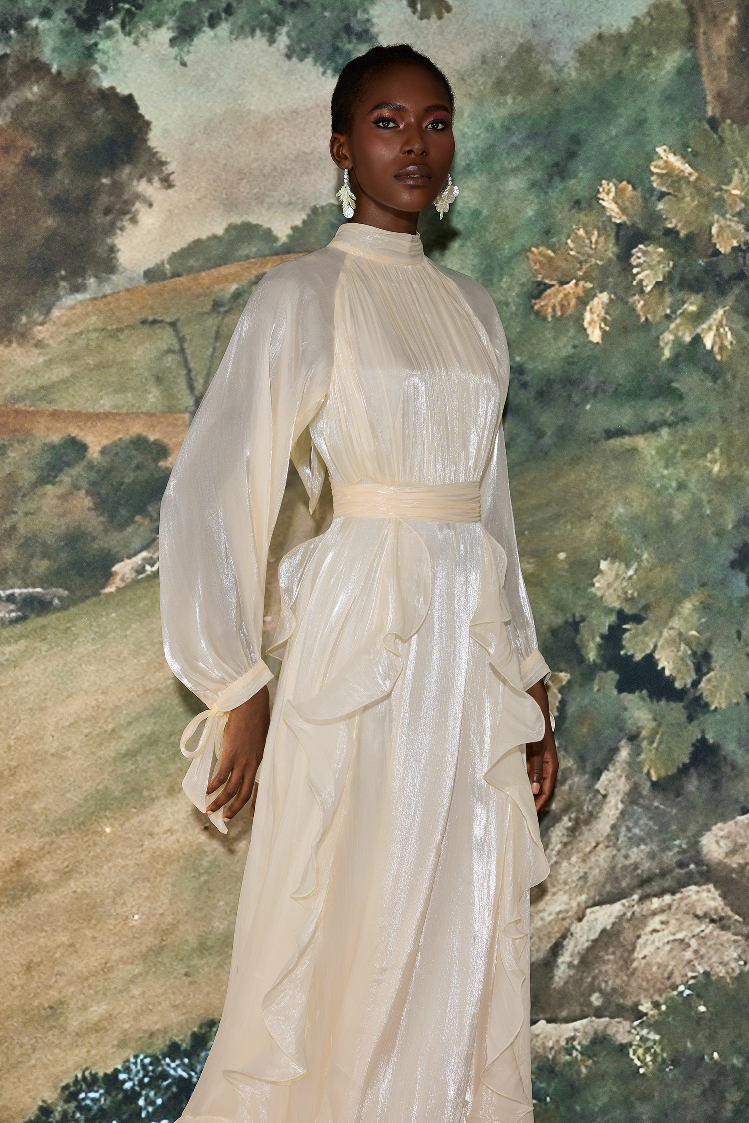 Solid Stand Collar Pleated Frill Maxi Dress With Belt