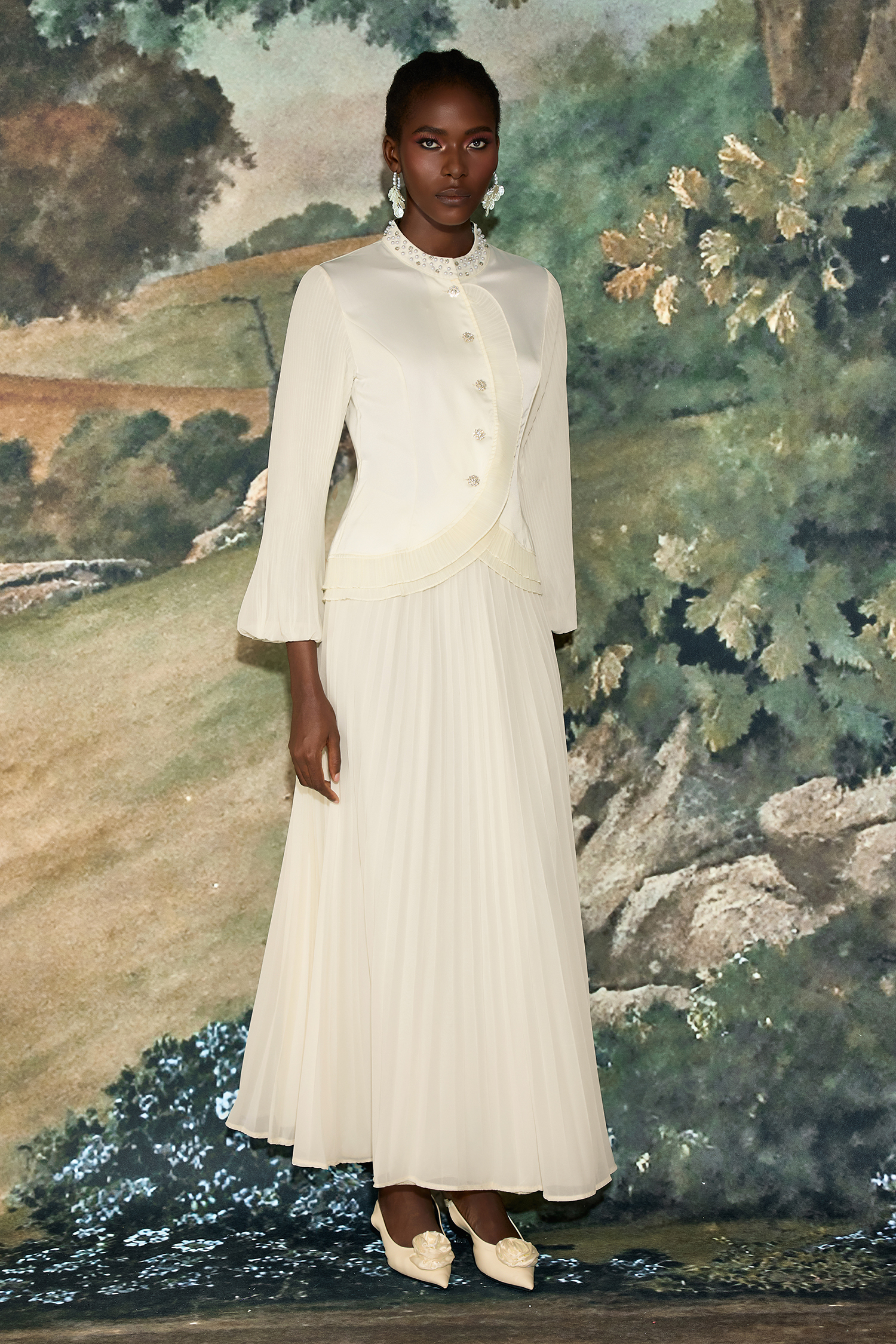 Chiffon Splicing Satin Top & High Waist Pleated Maxi Skirt Set