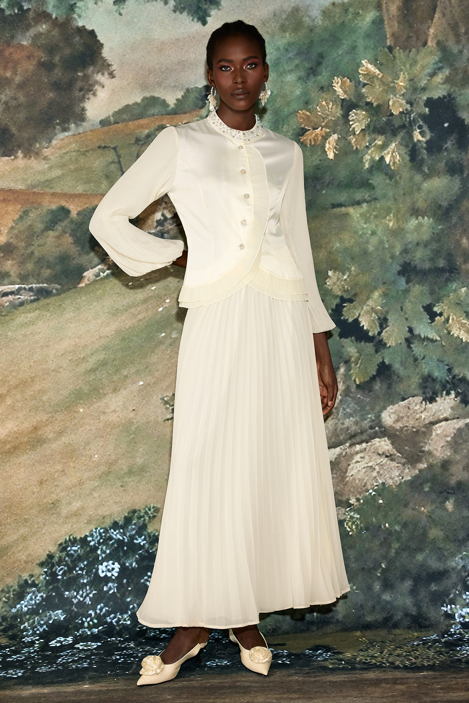 Stand Collar Long Sleeve Pleated Waist Slit Maxi Dress