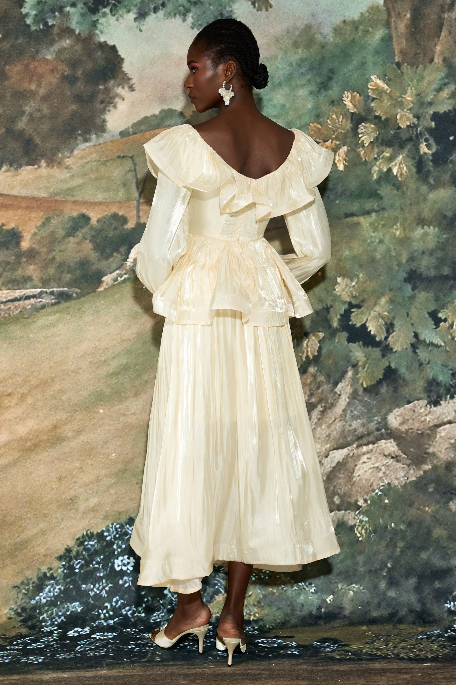 Satin Ruffle Single Breasted Top & High Waist Midi Skirt Set