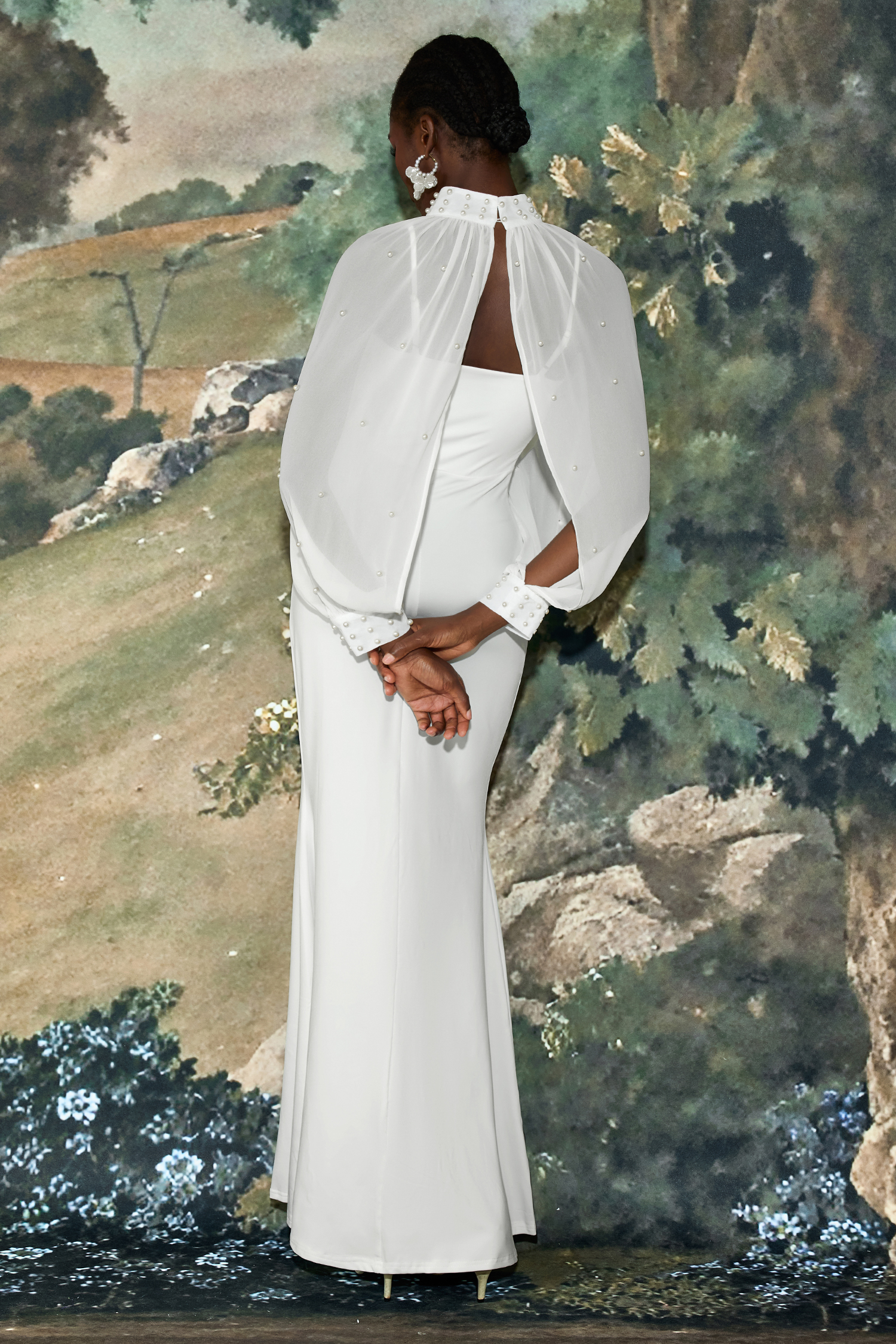 Faux Pearl Stand Collar Cape Sleeve Maxi Dress