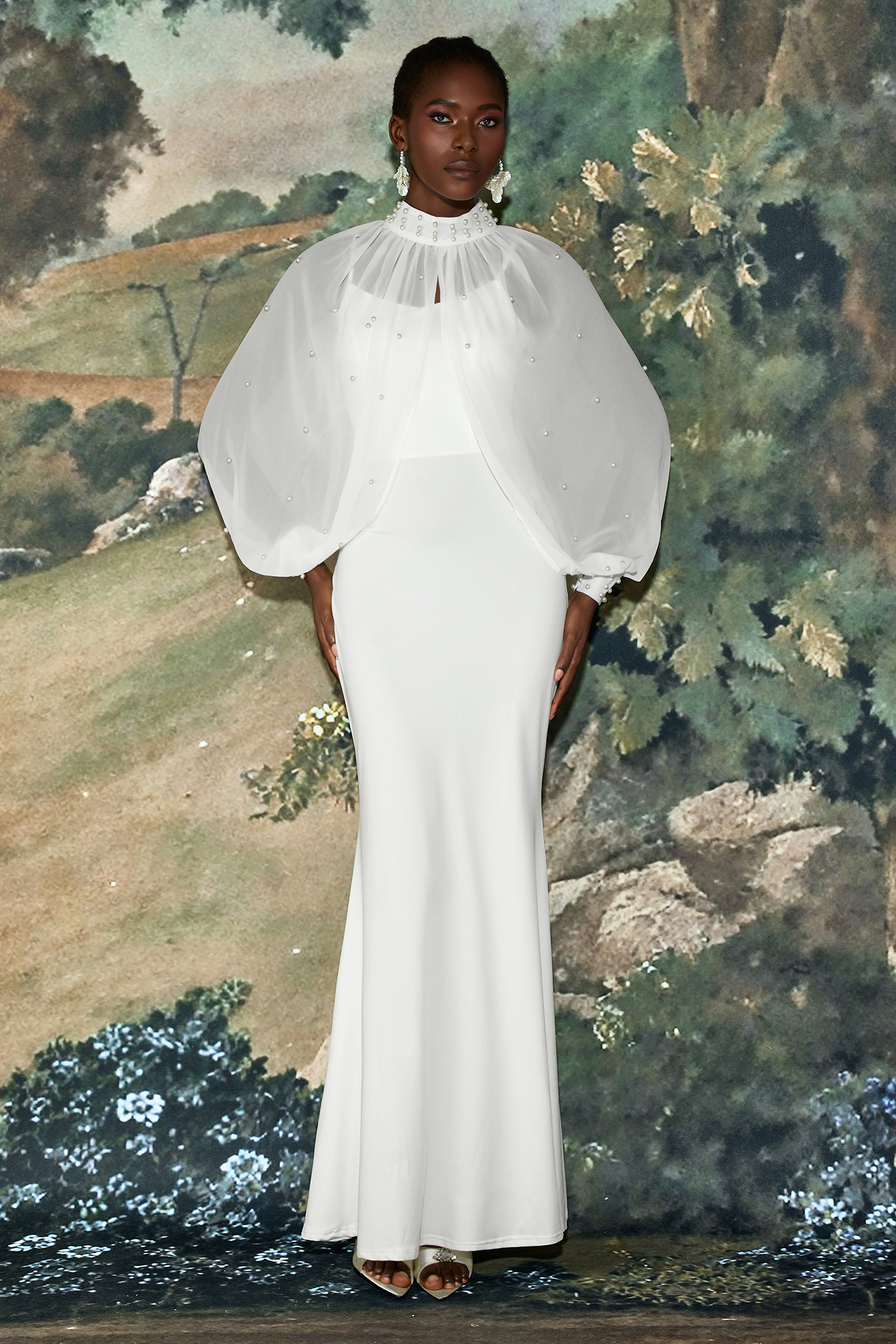 Faux Pearl Stand Collar Cape Sleeve Maxi Dress