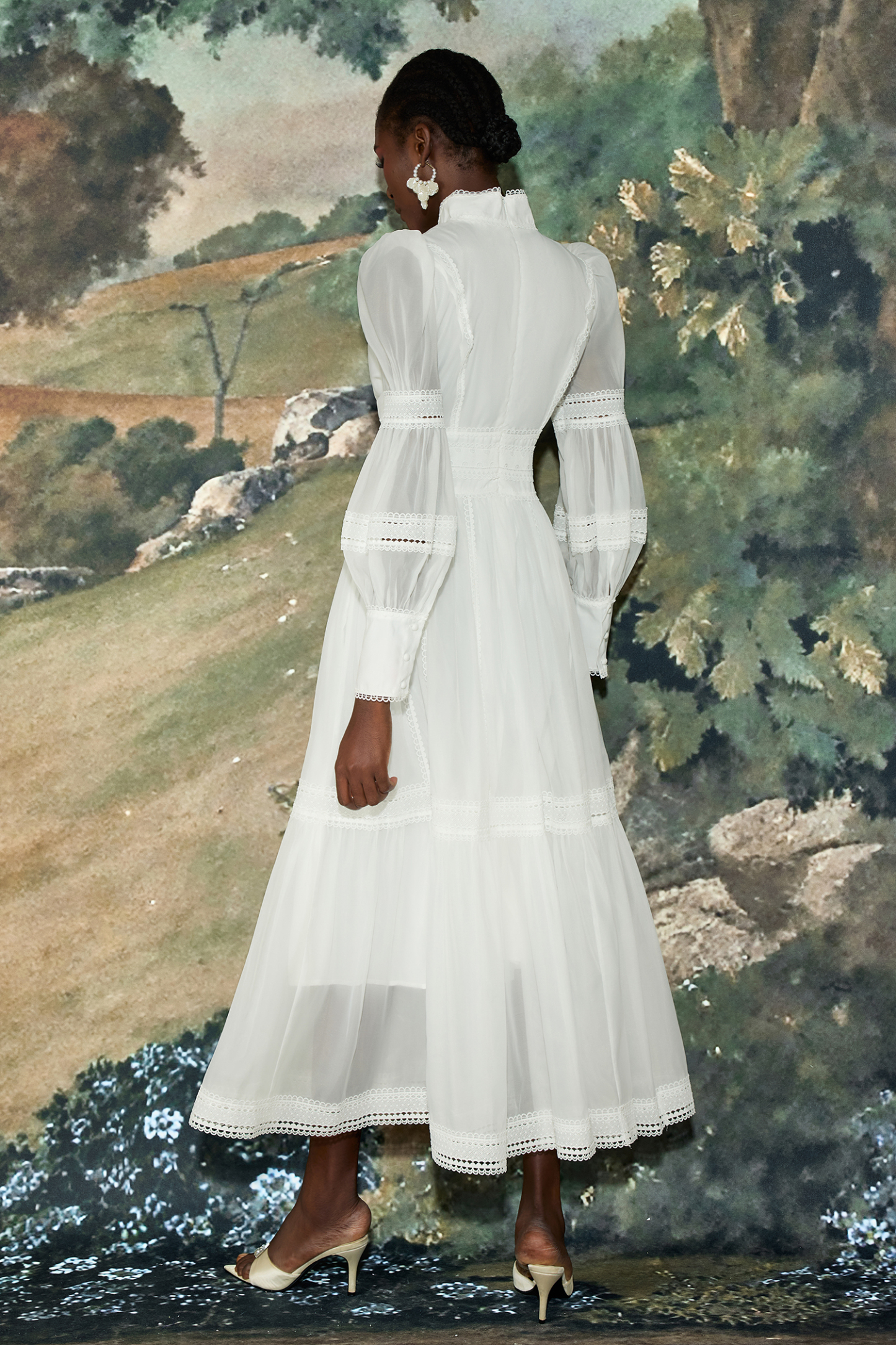 Stand Collar Puff Sleeve Lace Midi Dress