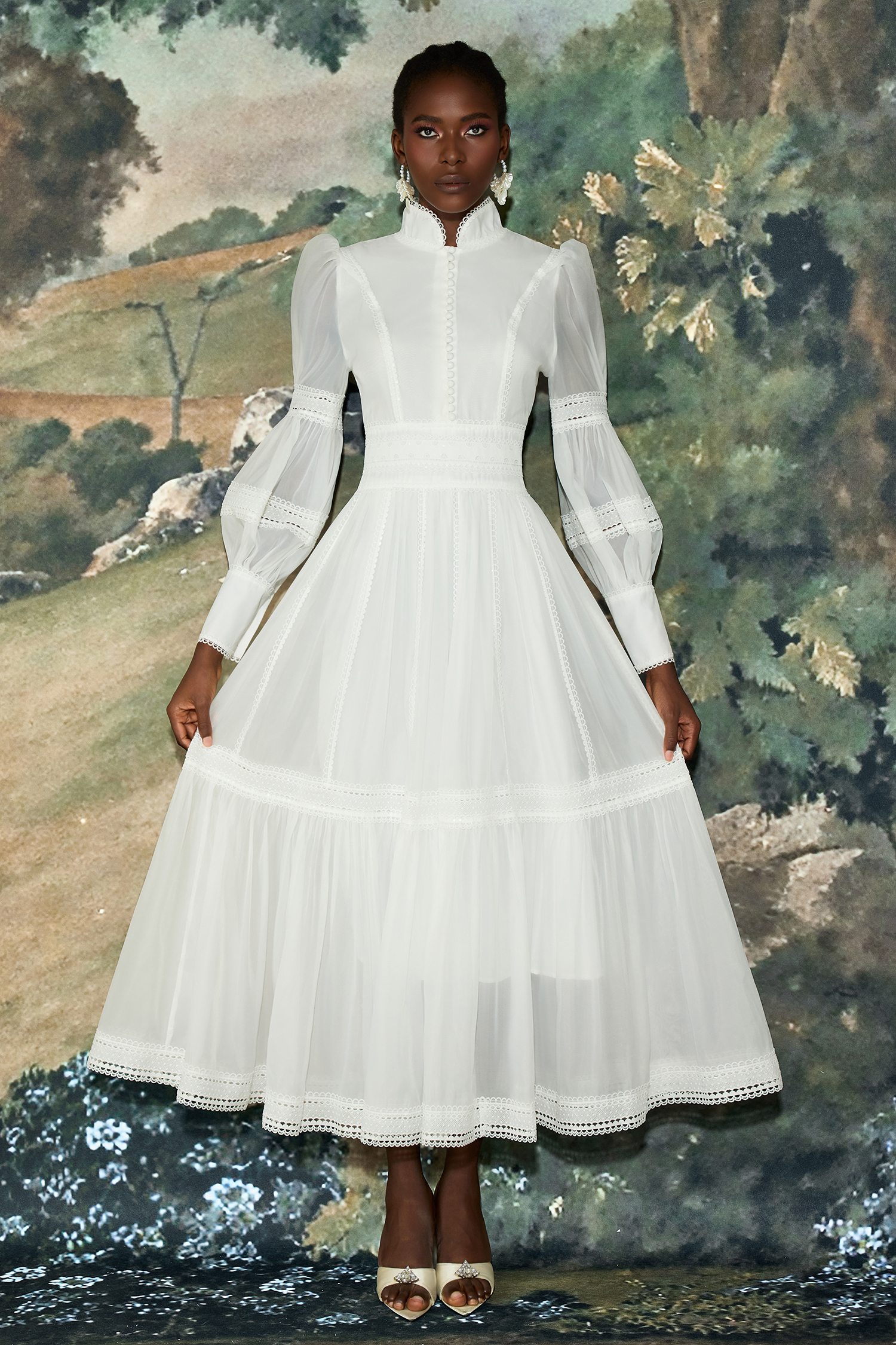 Stand Collar Puff Sleeve Lace Midi Dress