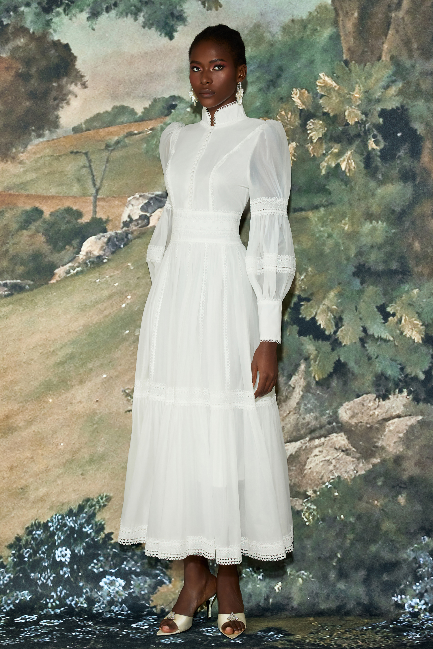 Stand Collar Puff Sleeve Lace Midi Dress