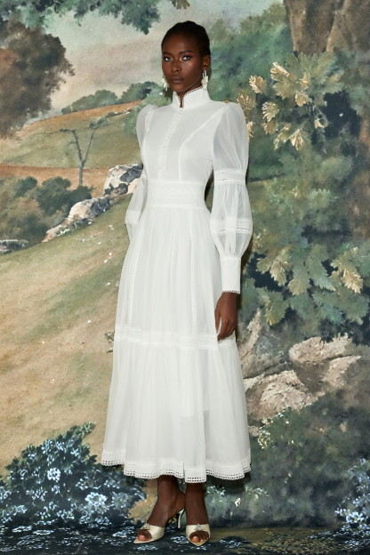 Stand Collar Puff Sleeve Lace Midi Dress