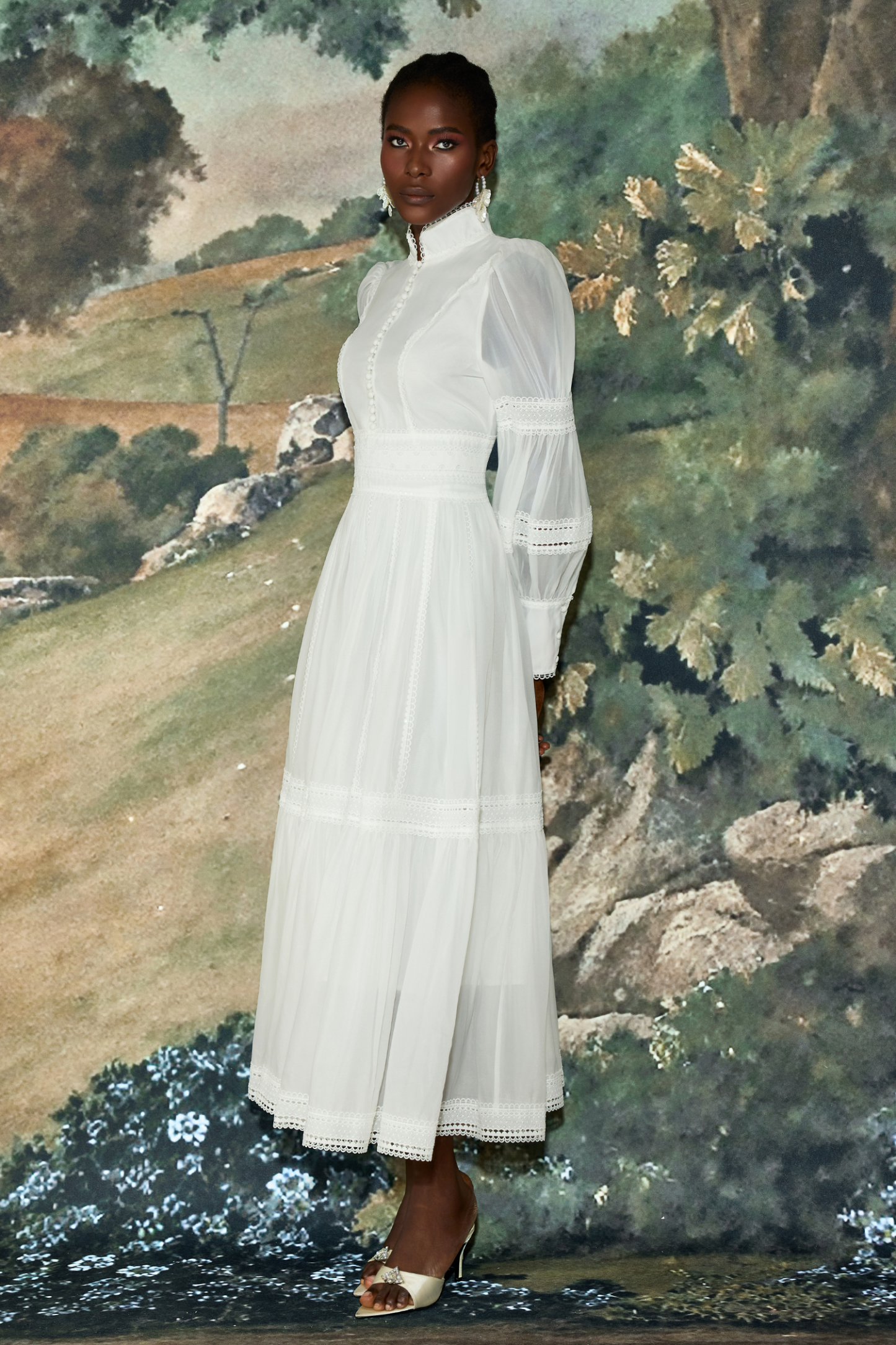 Stand Collar Puff Sleeve Lace Midi Dress