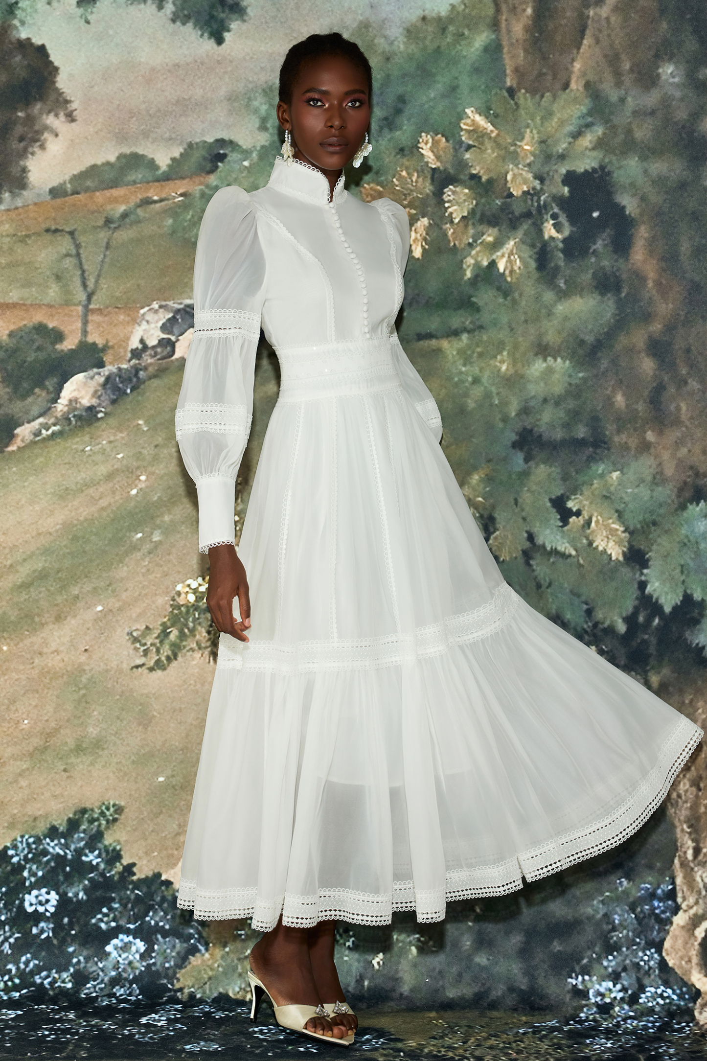 Stand Collar Puff Sleeve Lace Midi Dress