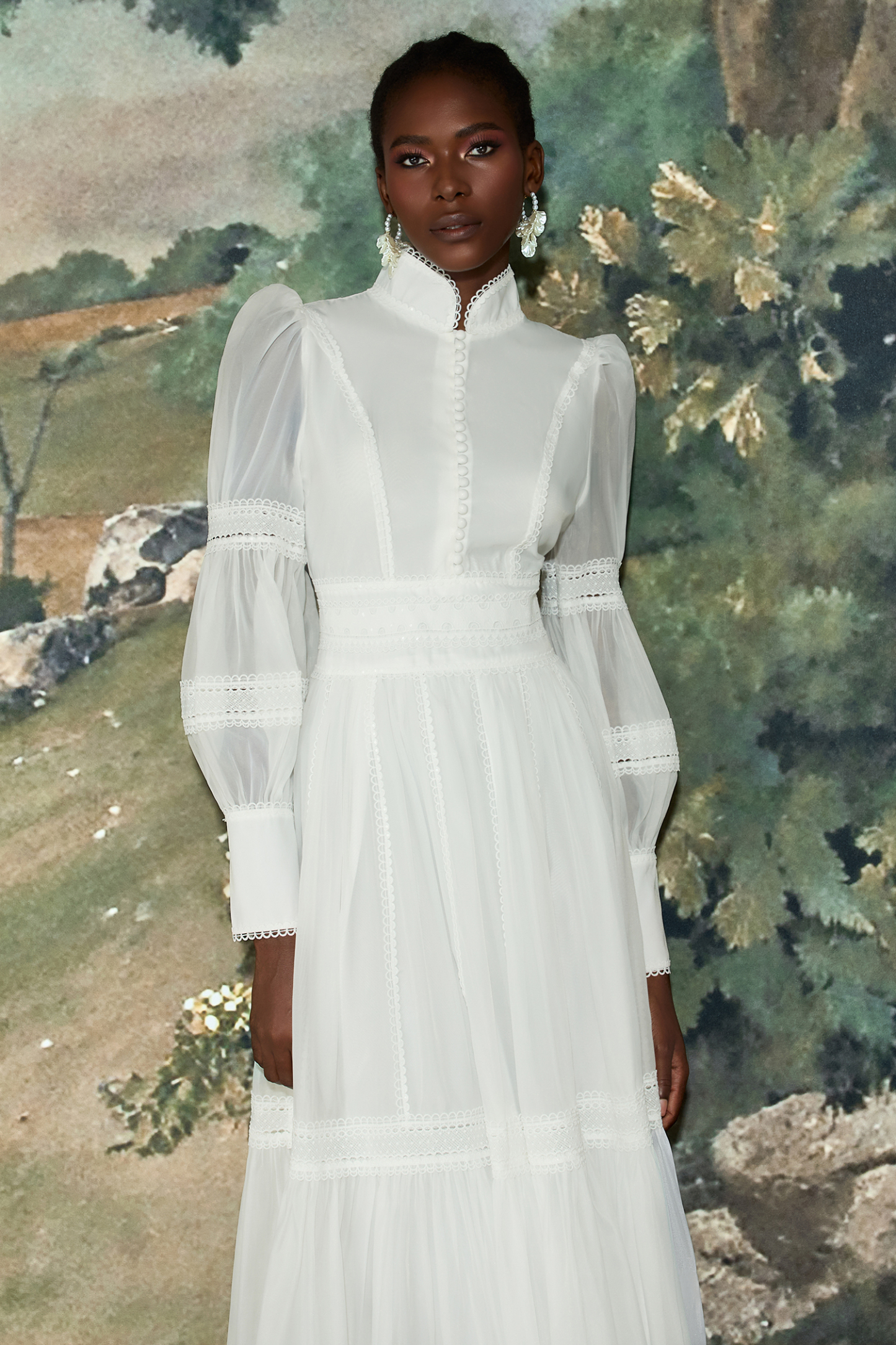 Stand Collar Puff Sleeve Lace Midi Dress