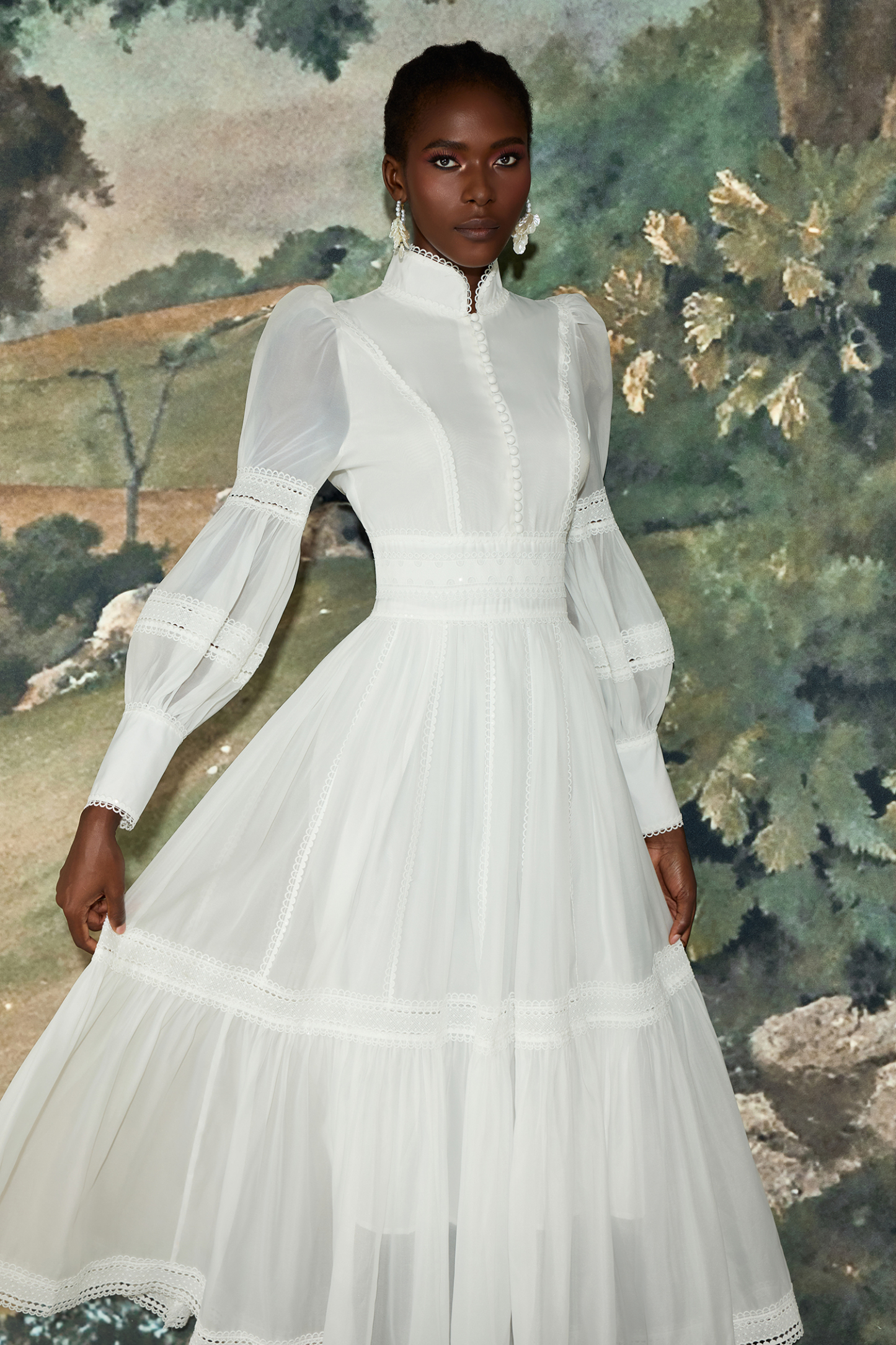 Stand Collar Puff Sleeve Lace Midi Dress