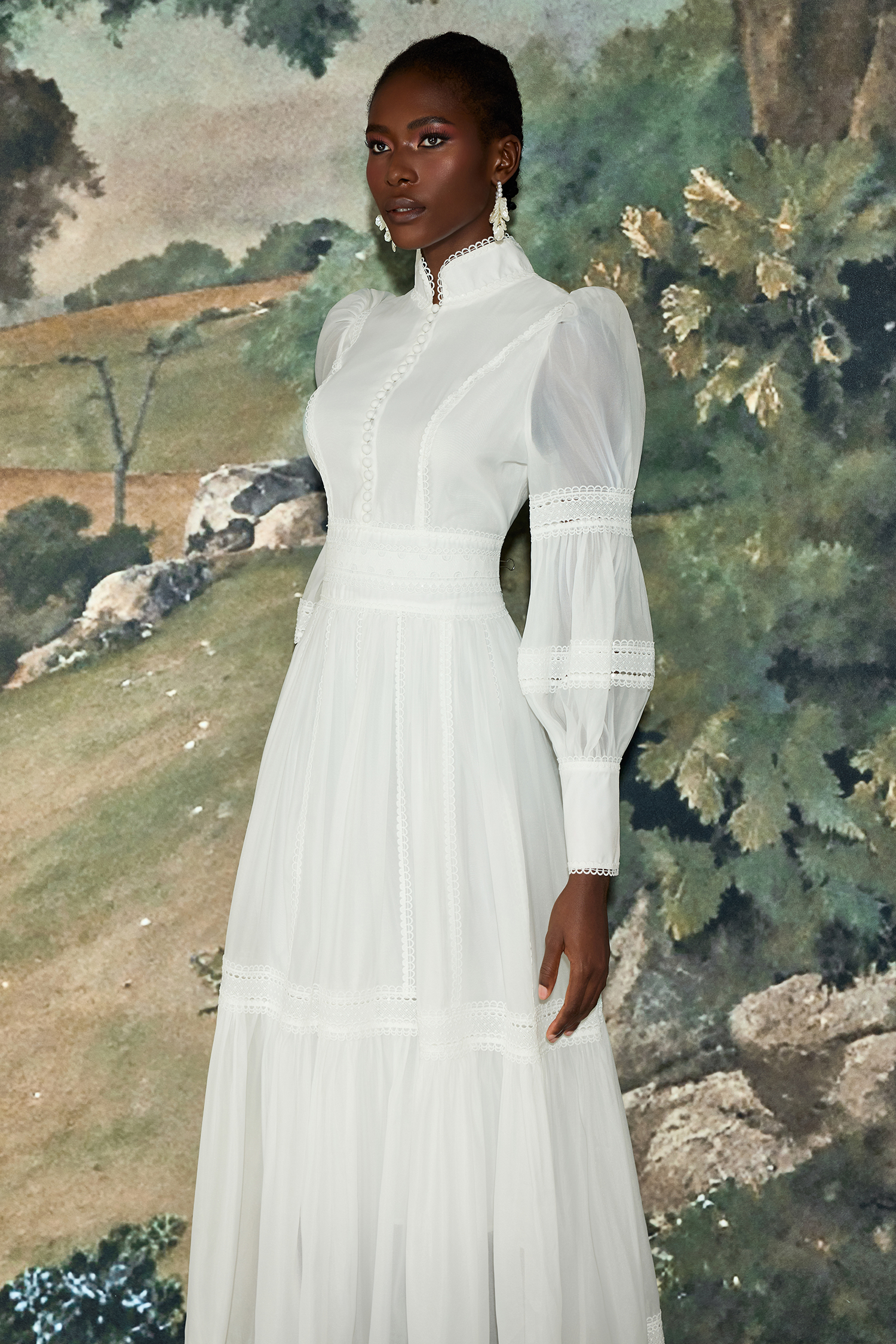 Stand Collar Puff Sleeve Lace Midi Dress