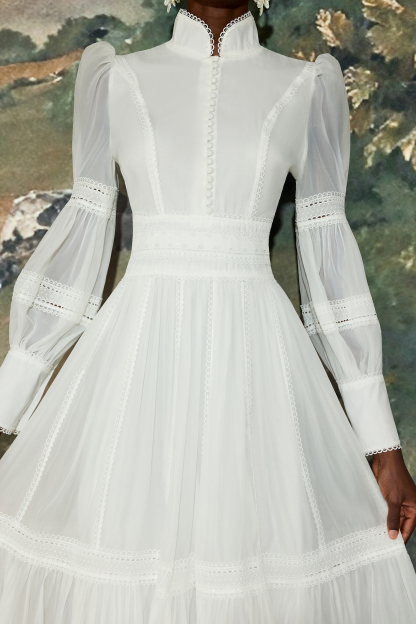 Stand Collar Puff Sleeve Lace Midi Dress