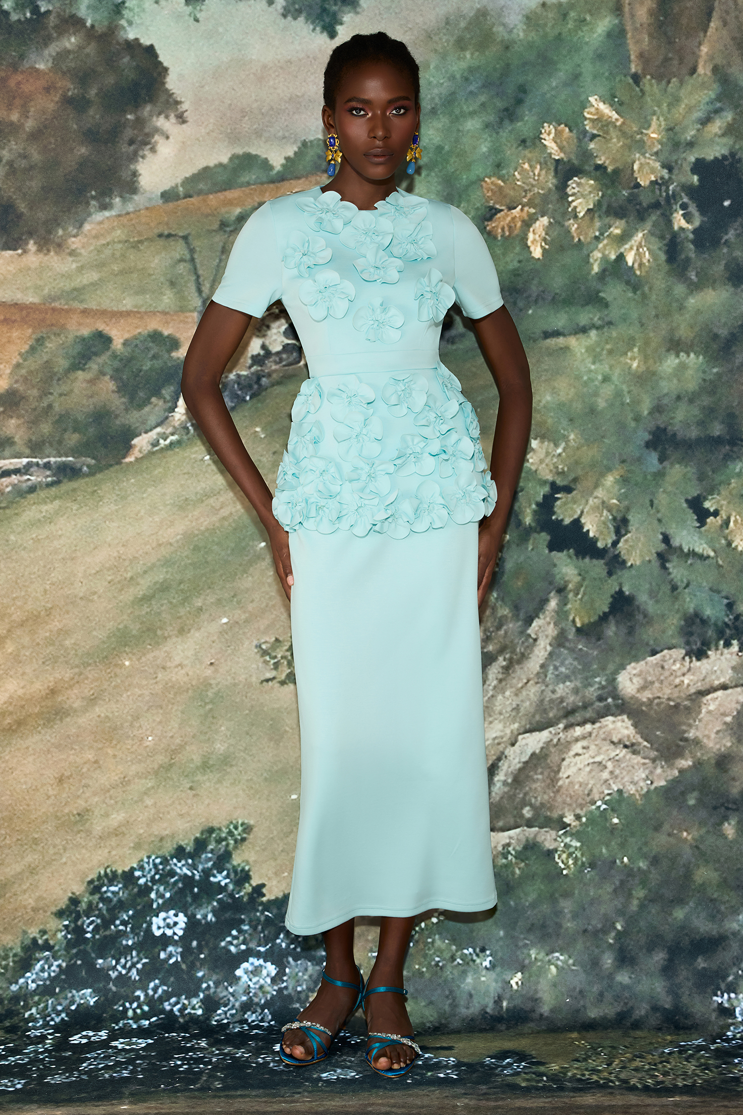 3D Flower Round Neck Short Sleeve Top Mid Waist Midi Skirt Set