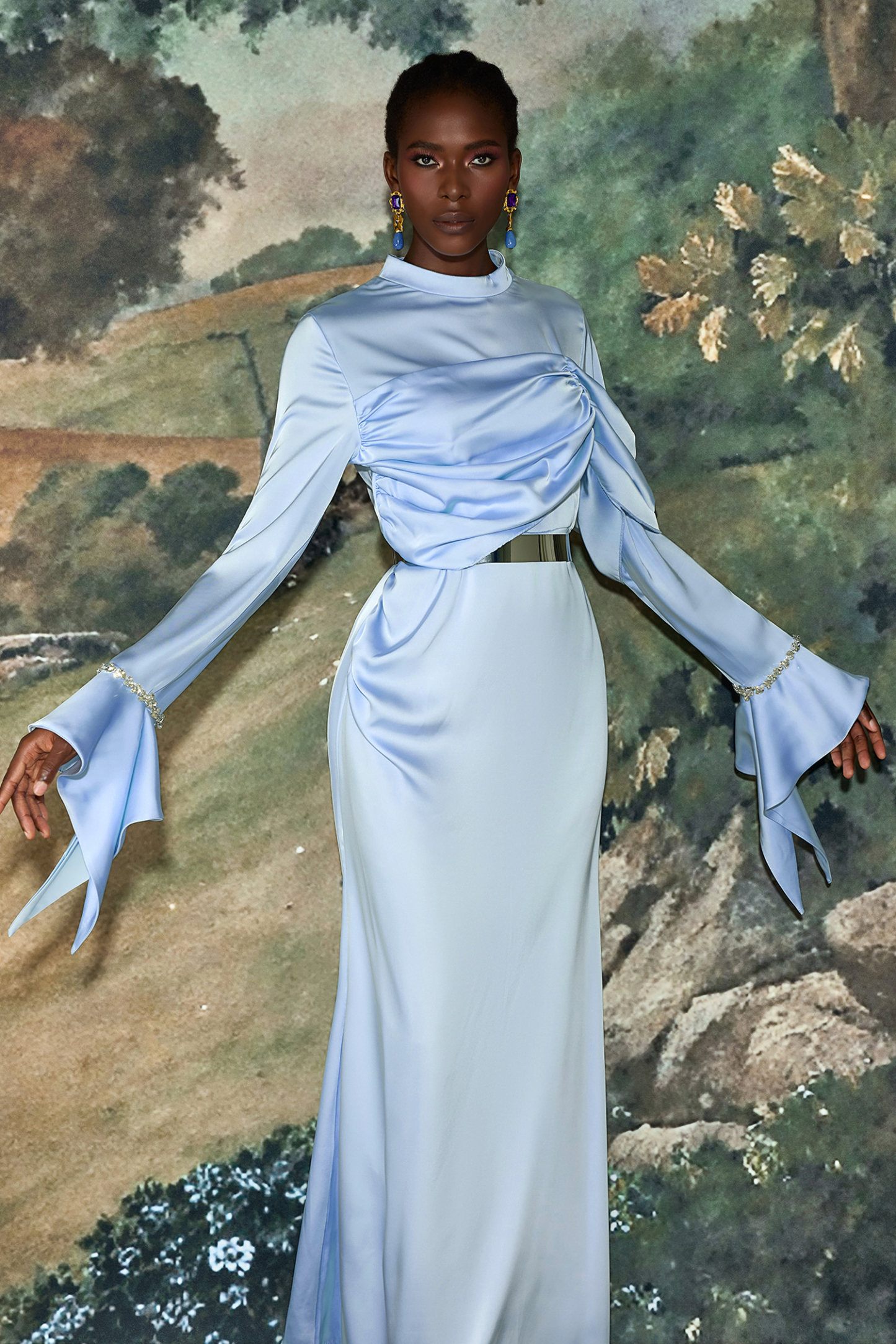 Satin Rhinestone Bell Sleeve Maxi Dress With Belt