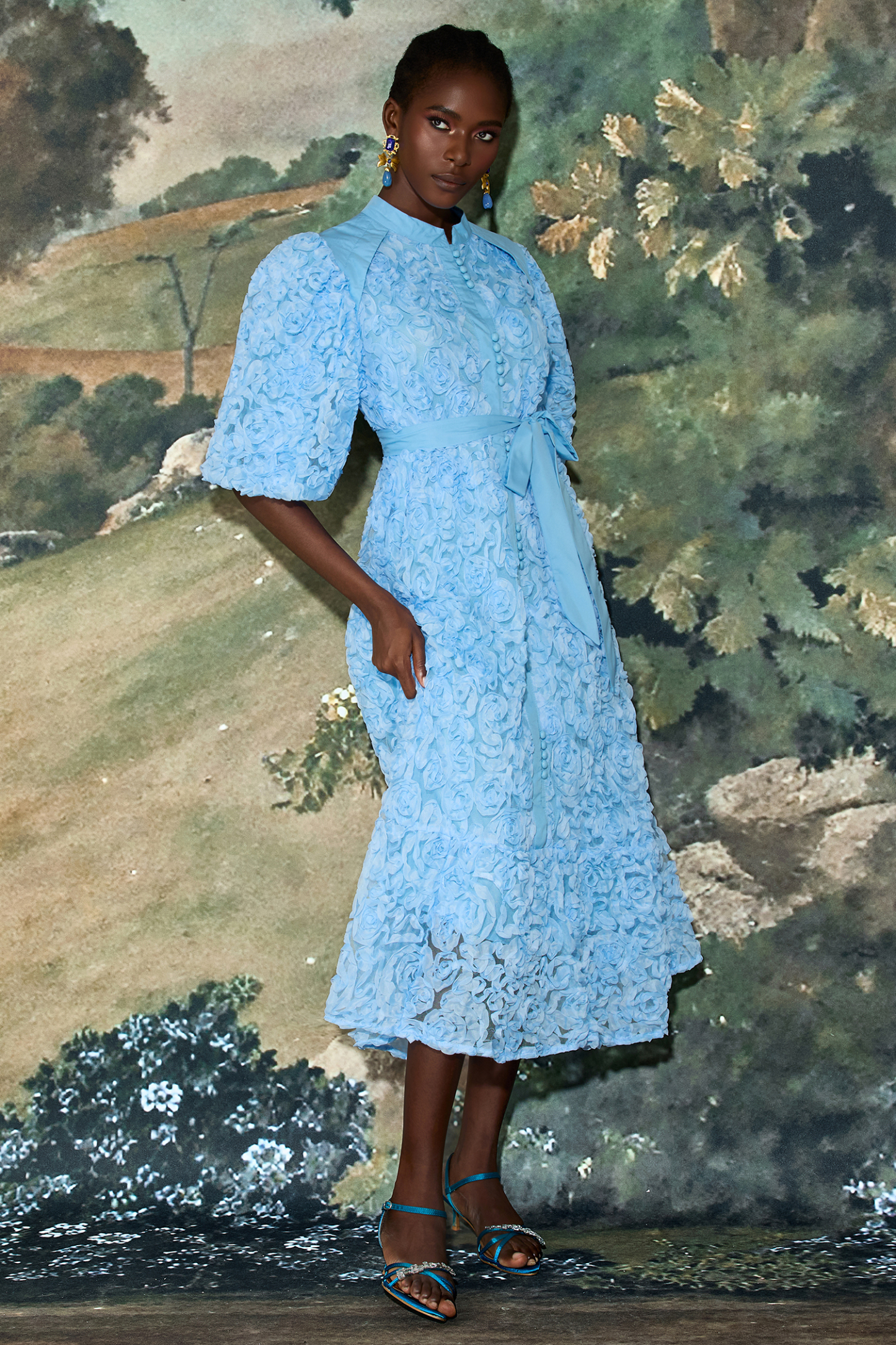 3D Flower Single Breasted Midi Dress With Belt