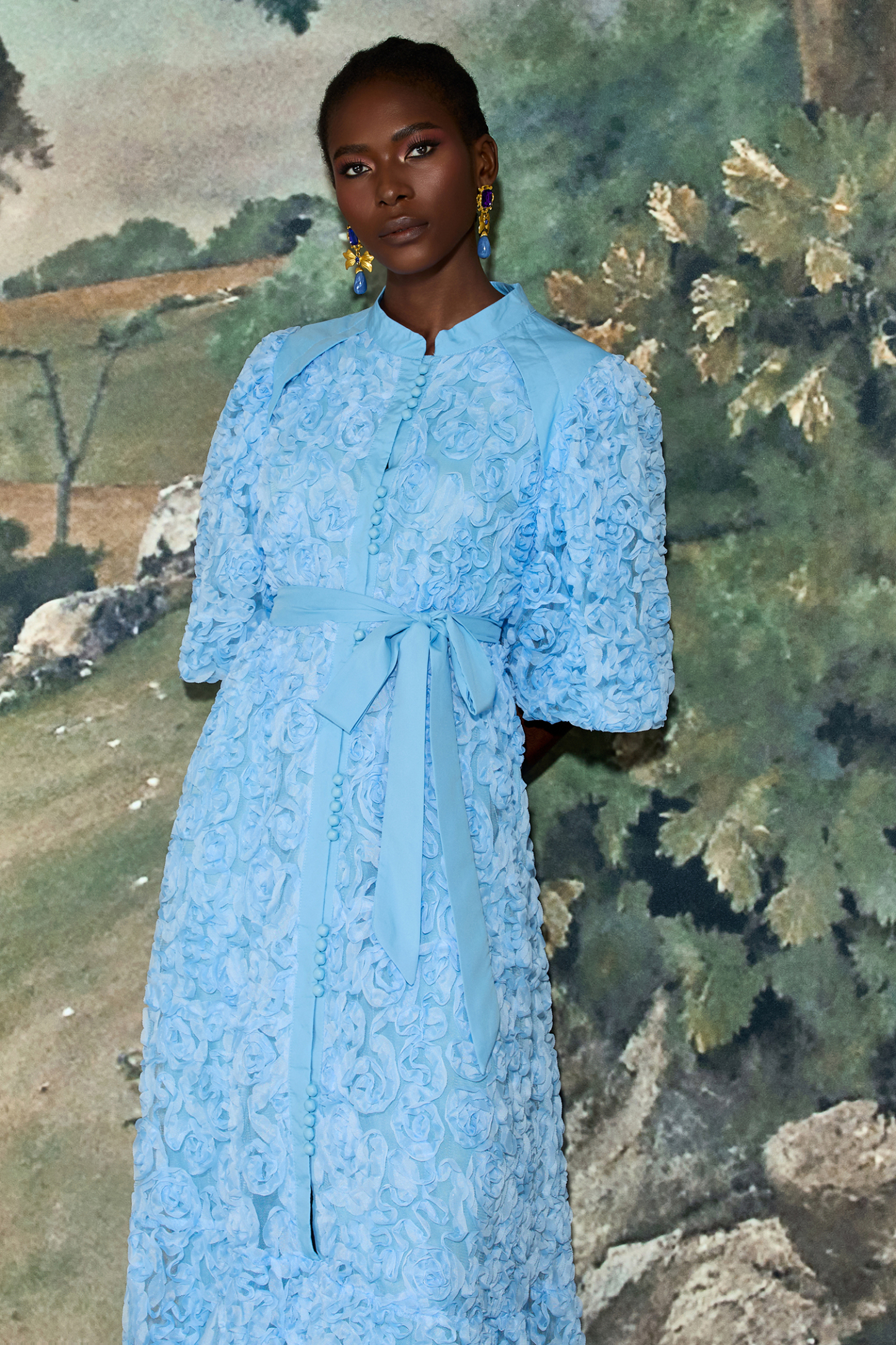 3D Flower Single Breasted Midi Dress With Belt