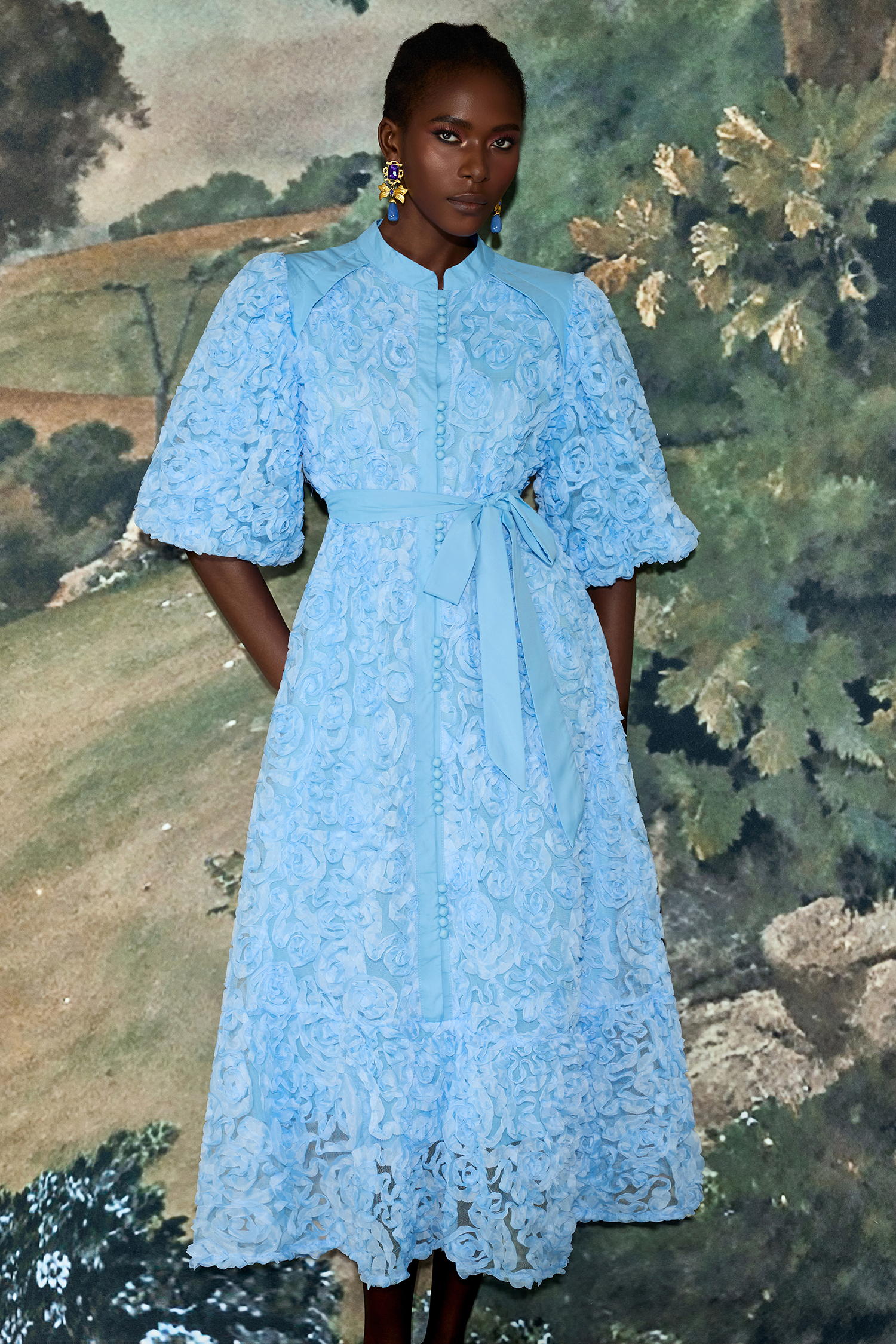 3D Flower Single Breasted Midi Dress With Belt