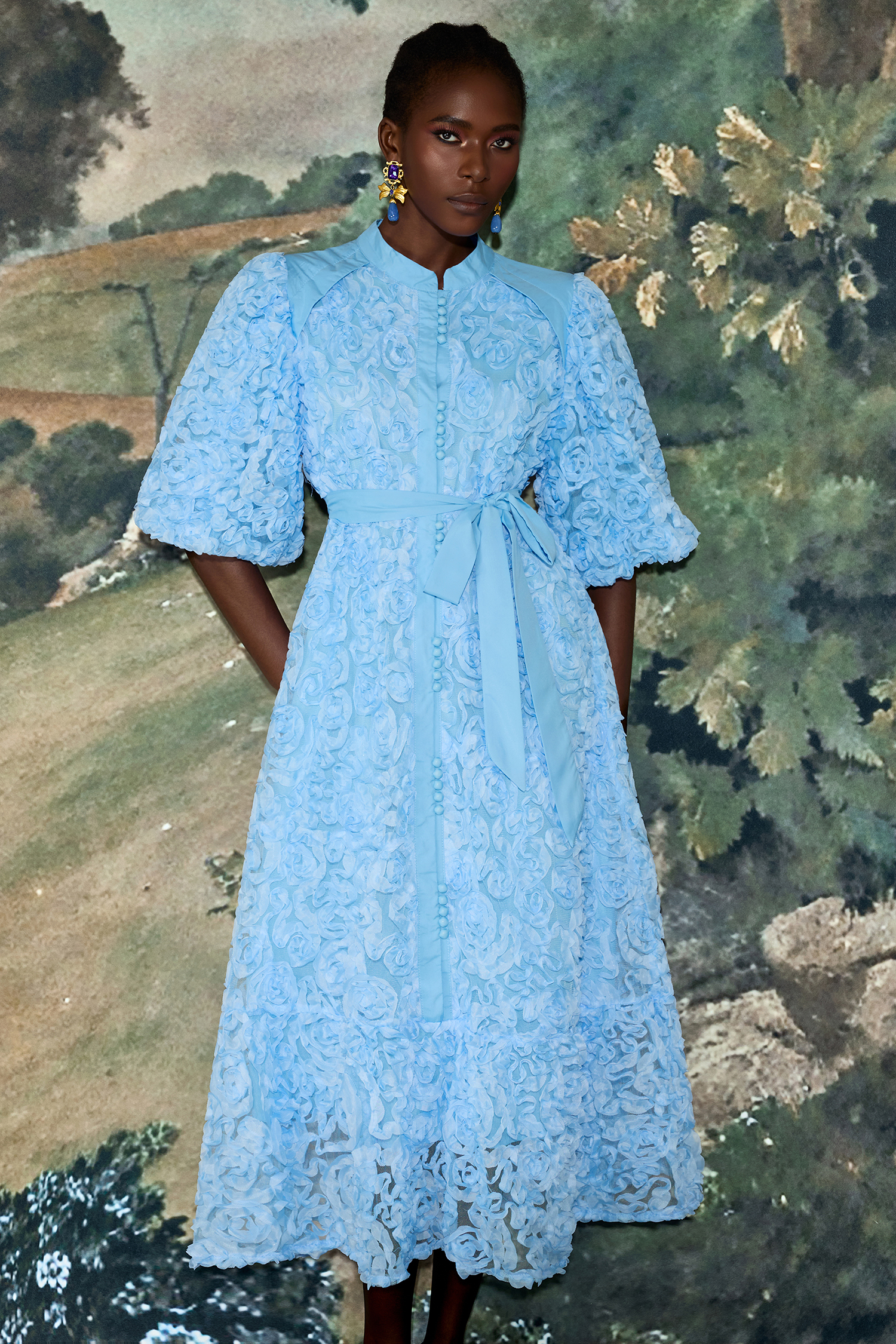 3D Flower Single Breasted Midi Dress With Belt