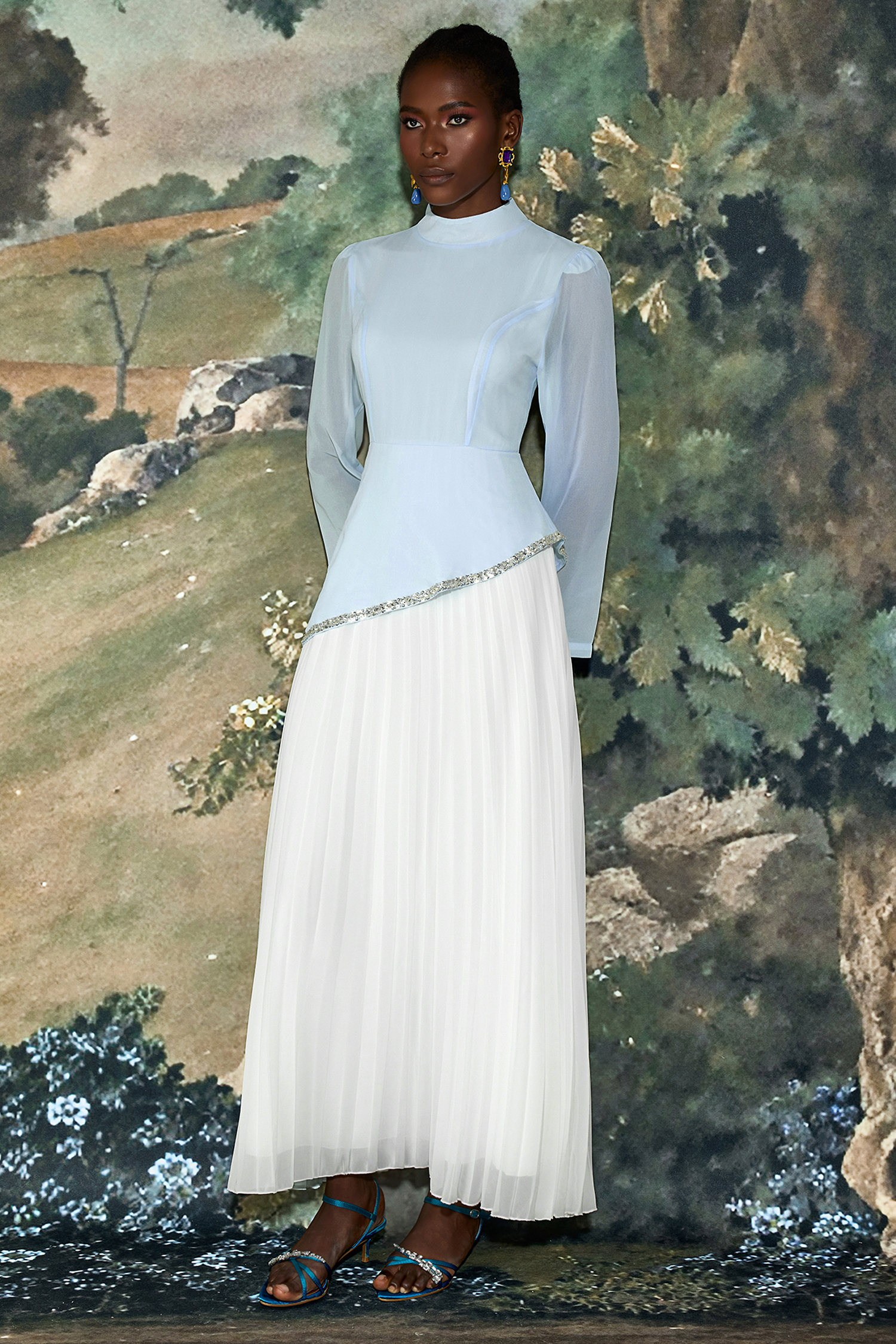 Chiffon Sequin Stand Collar Long Sleeve Maxi Dress