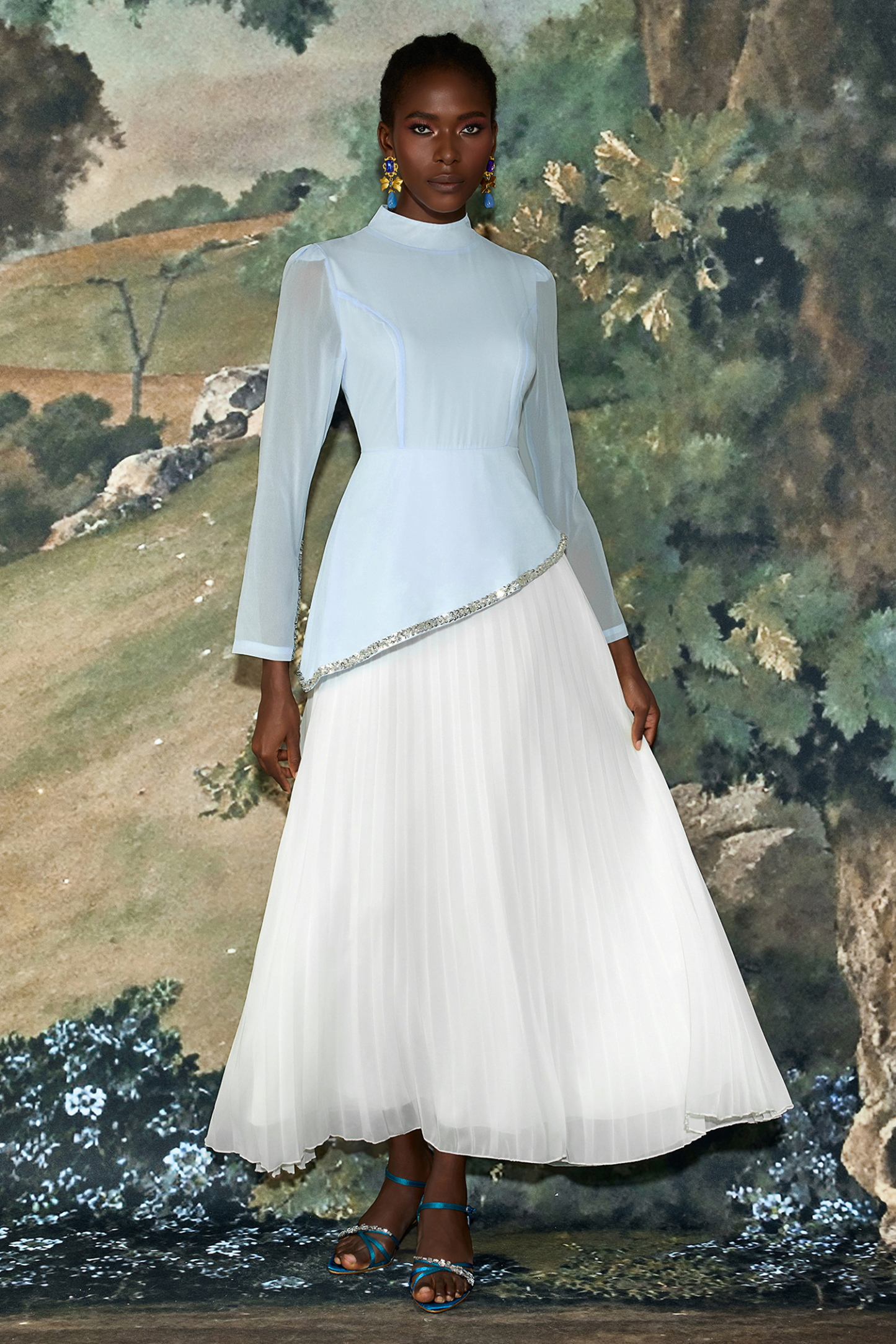 Chiffon Sequin Stand Collar Long Sleeve Maxi Dress