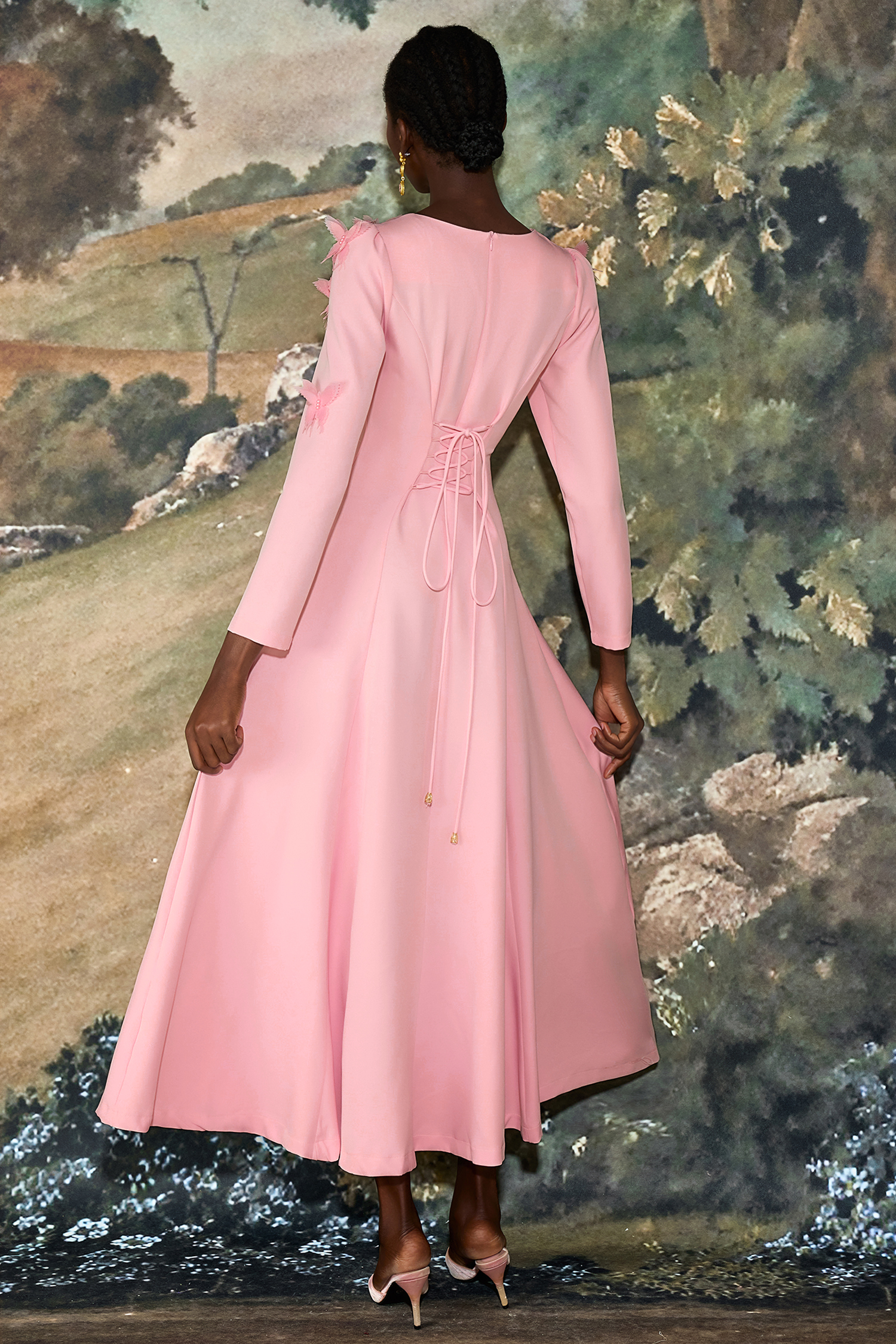 3D Butterfly Square Collar Long Sleeve Midi Dress