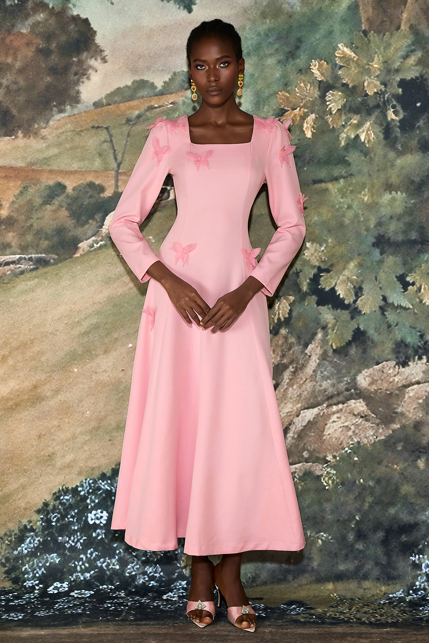 3D Butterfly Square Collar Long Sleeve Midi Dress