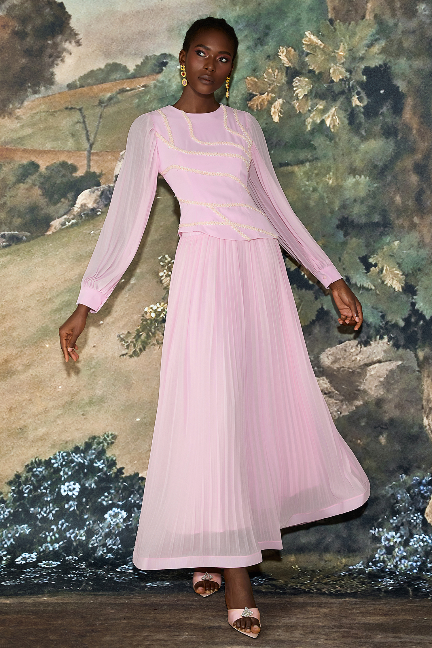 Sequin Splicing Lace Top & Pleated Midi Skirt Set
