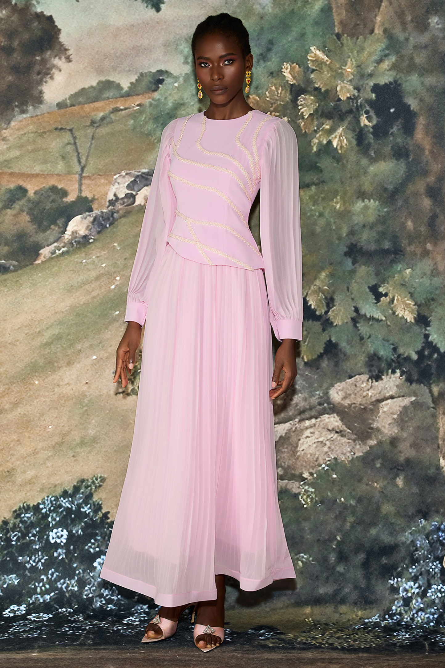 Sequin Splicing Lace Top & Pleated Midi Skirt Set