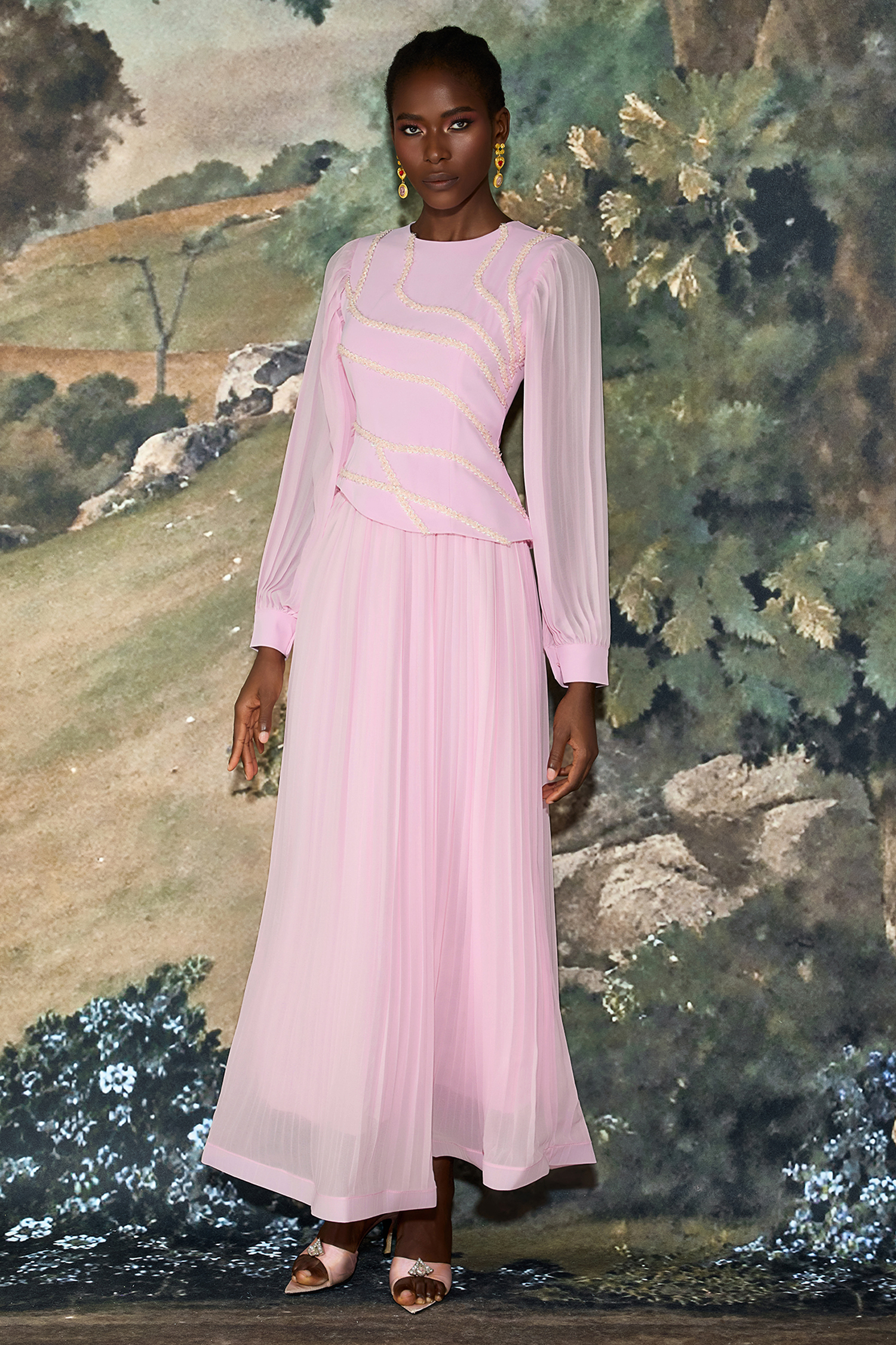 Sequin Splicing Lace Top & Pleated Midi Skirt Set