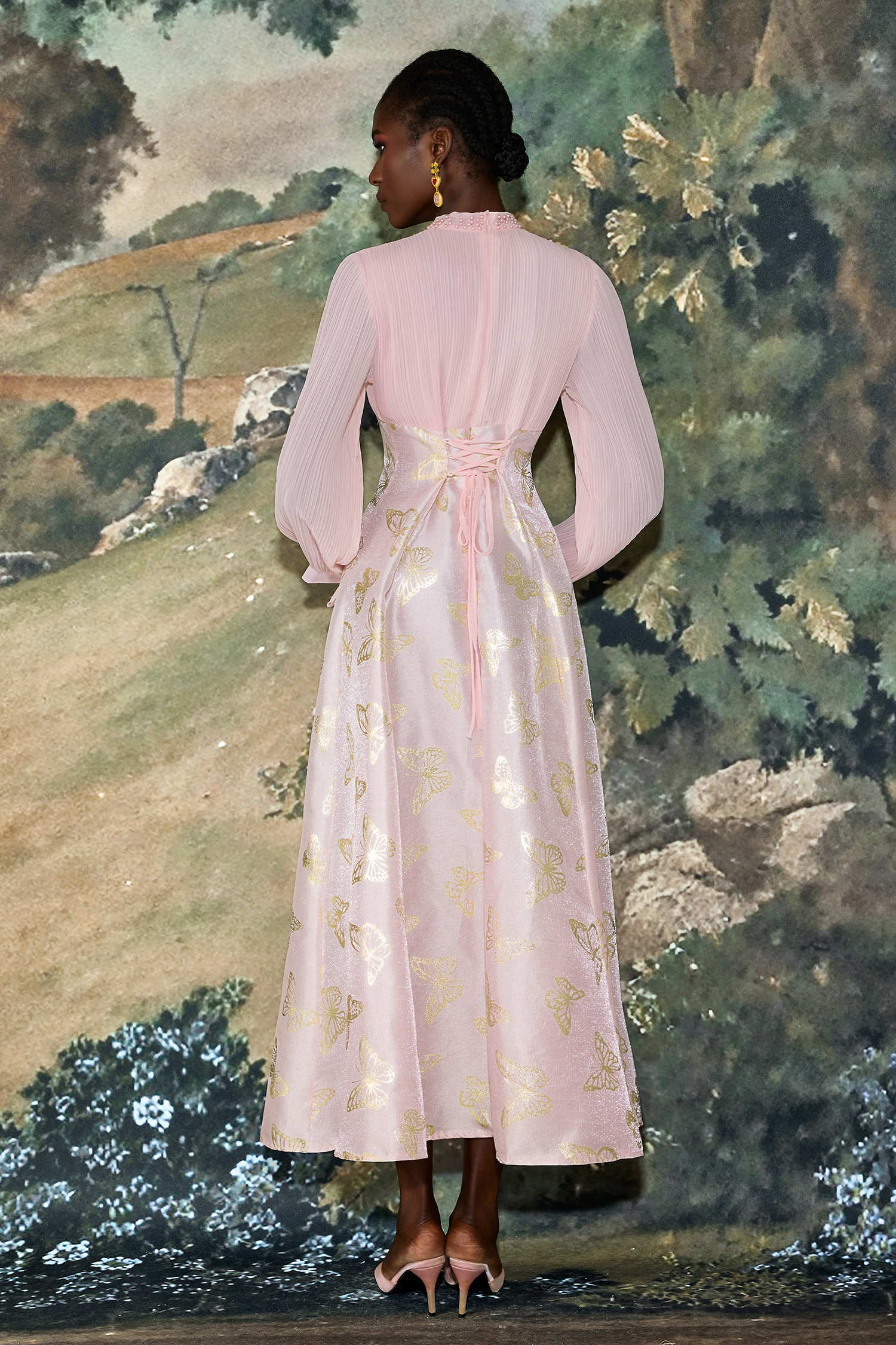 Chiffon Pleated Butterfly Gold Foil Stamping Maxi Dress