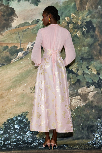 Chiffon Pleated Butterfly Gold Foil Stamping Maxi Dress