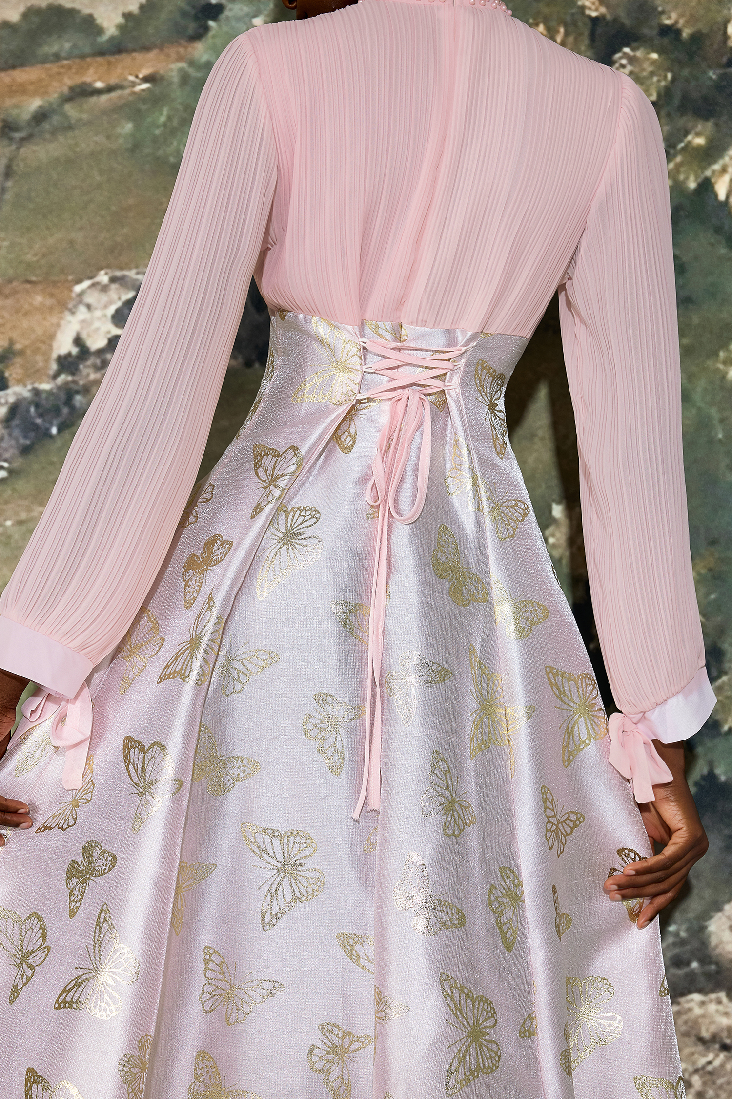 Chiffon Pleated Butterfly Gold Foil Stamping Maxi Dress