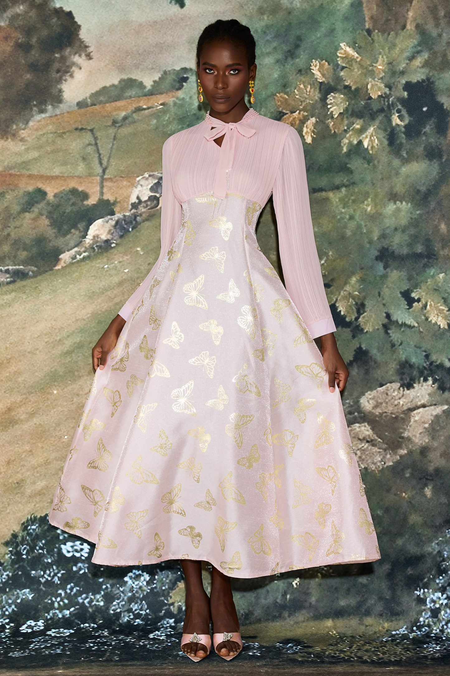 Chiffon Pleated Butterfly Gold Foil Stamping Maxi Dress