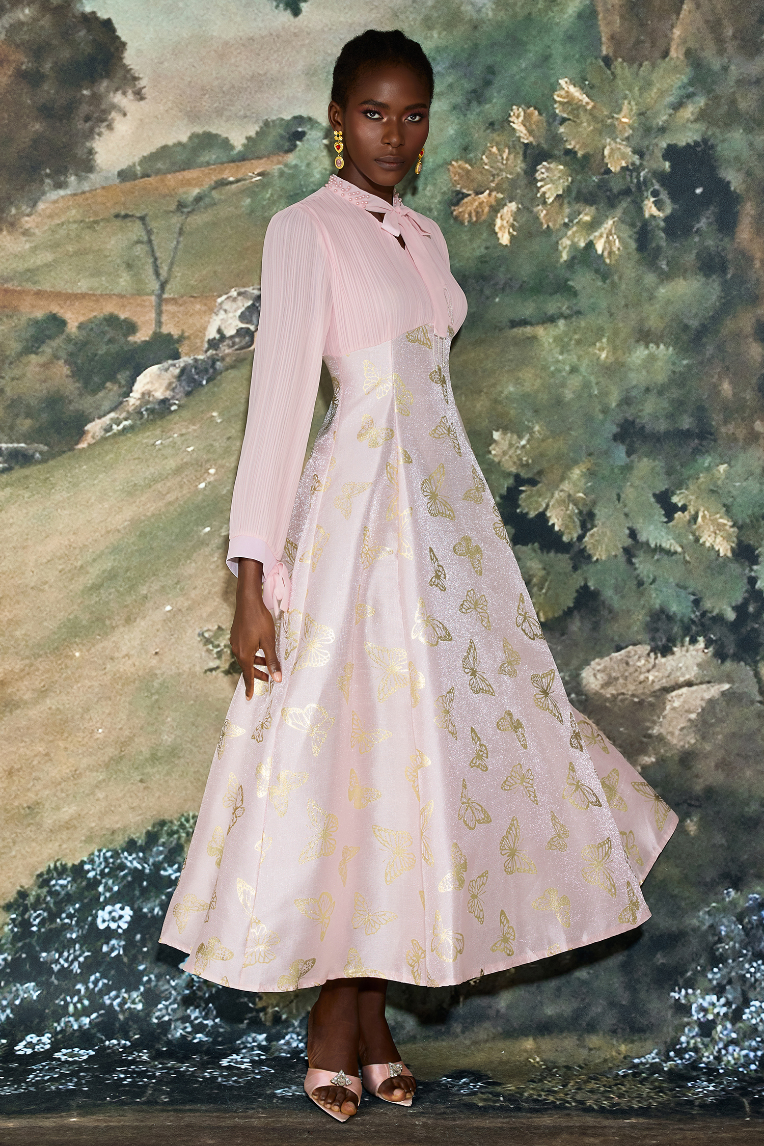 Chiffon Pleated Butterfly Gold Foil Stamping Maxi Dress