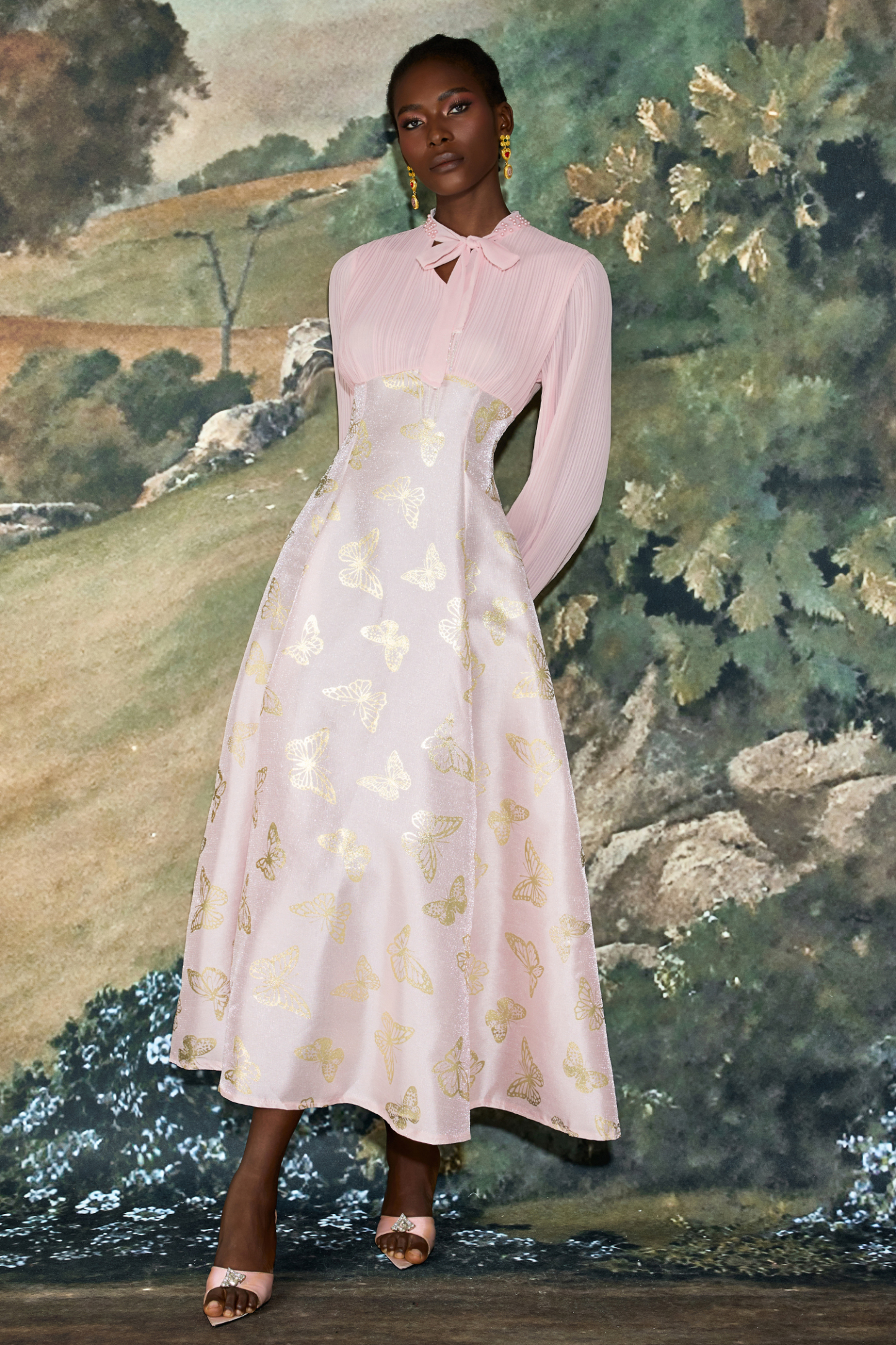 Chiffon Pleated Butterfly Gold Foil Stamping Maxi Dress