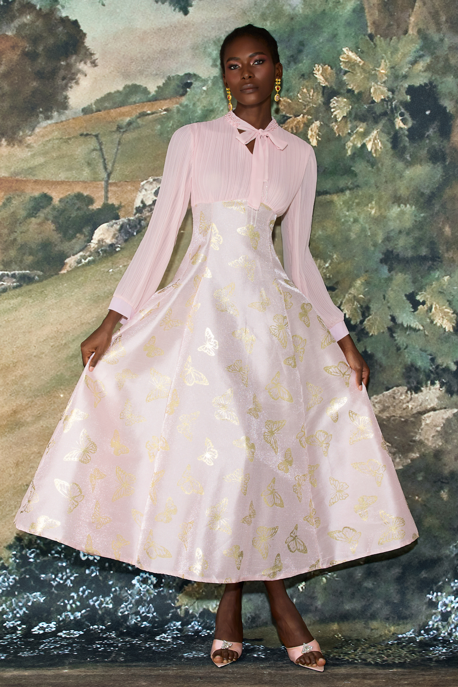 Chiffon Pleated Butterfly Gold Foil Stamping Maxi Dress