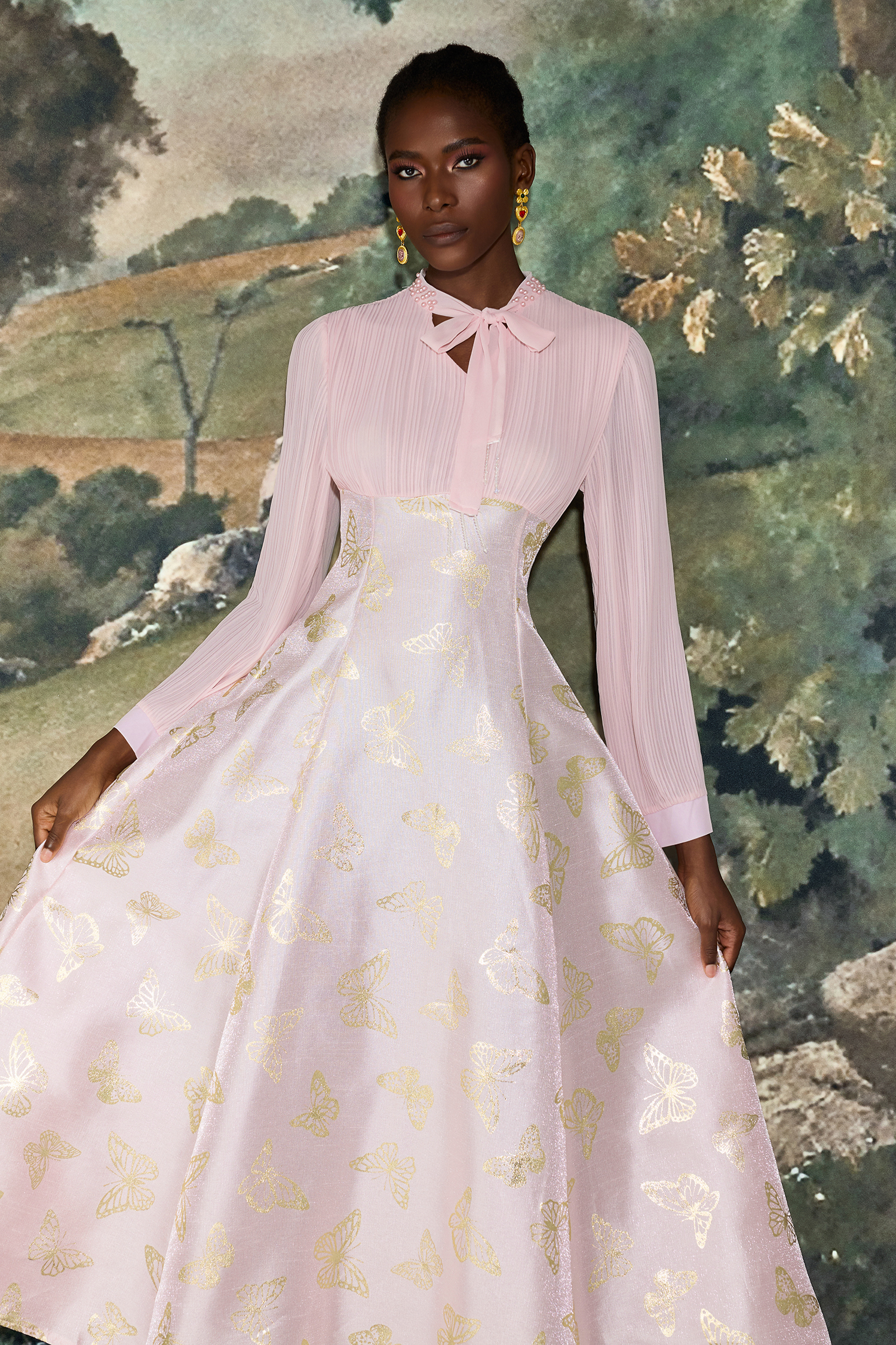 Chiffon Pleated Butterfly Gold Foil Stamping Maxi Dress