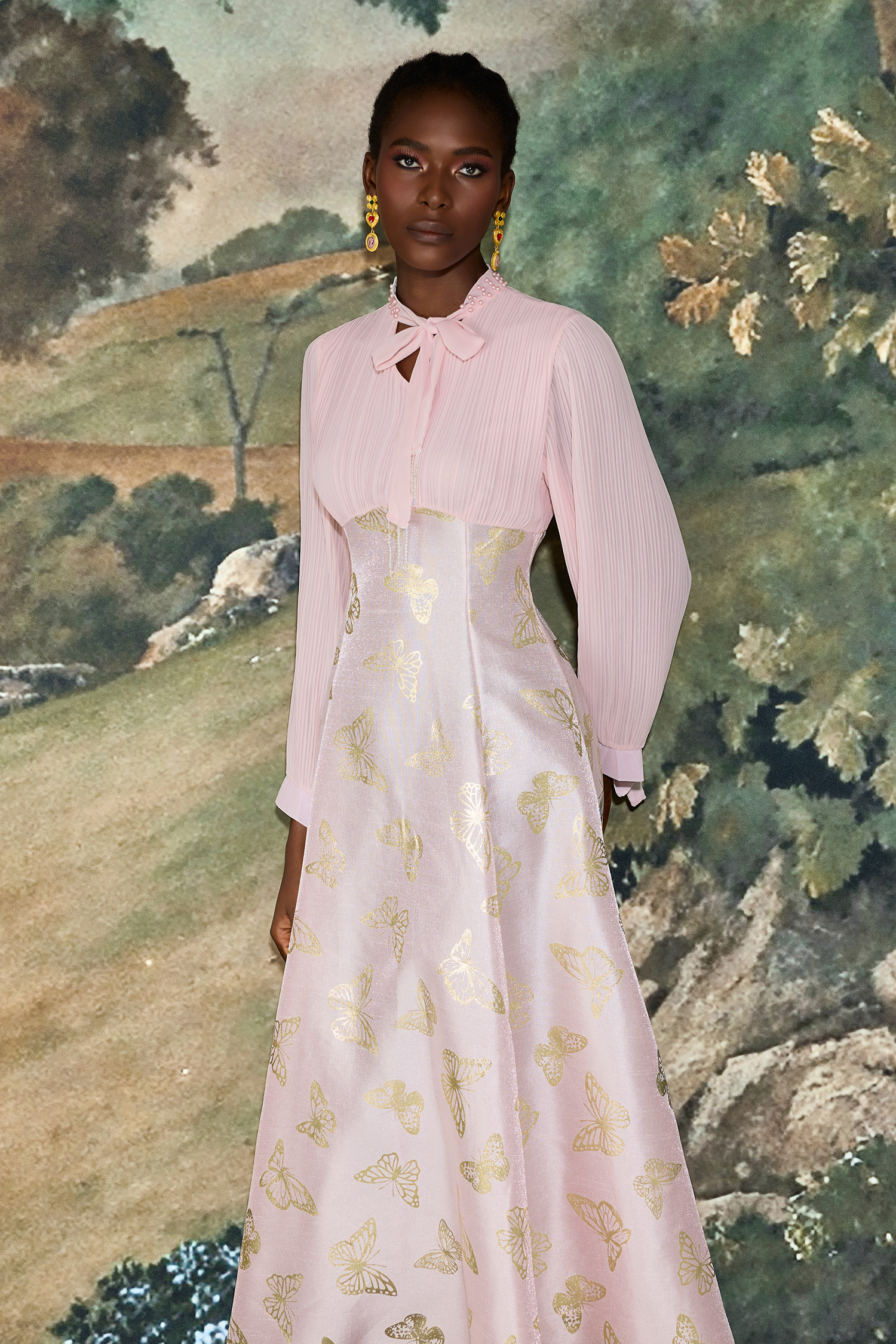 Chiffon Pleated Butterfly Gold Foil Stamping Maxi Dress